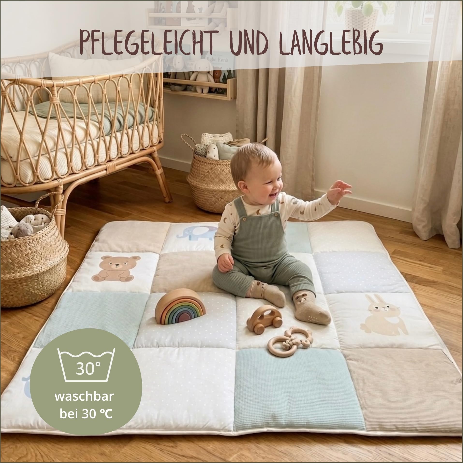 Krabbeldecke für Baby 120x120cm, 100% Baumwolle Oeko-TEX, weich gepolstert Antirutsch Krabbelmatte, Spielteppich und Spielmatte, ideal als Spieldecke und Babydecke