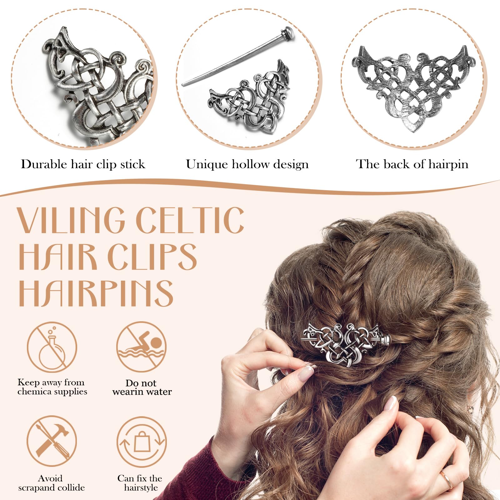 Syhood 8 Pcs Viking Celtic Hair Clips Vintage Knot Hair Stick Retro Silver Metal Celtic Barrette Hairpins Viking Jewelry Accessories for Women (Classic)