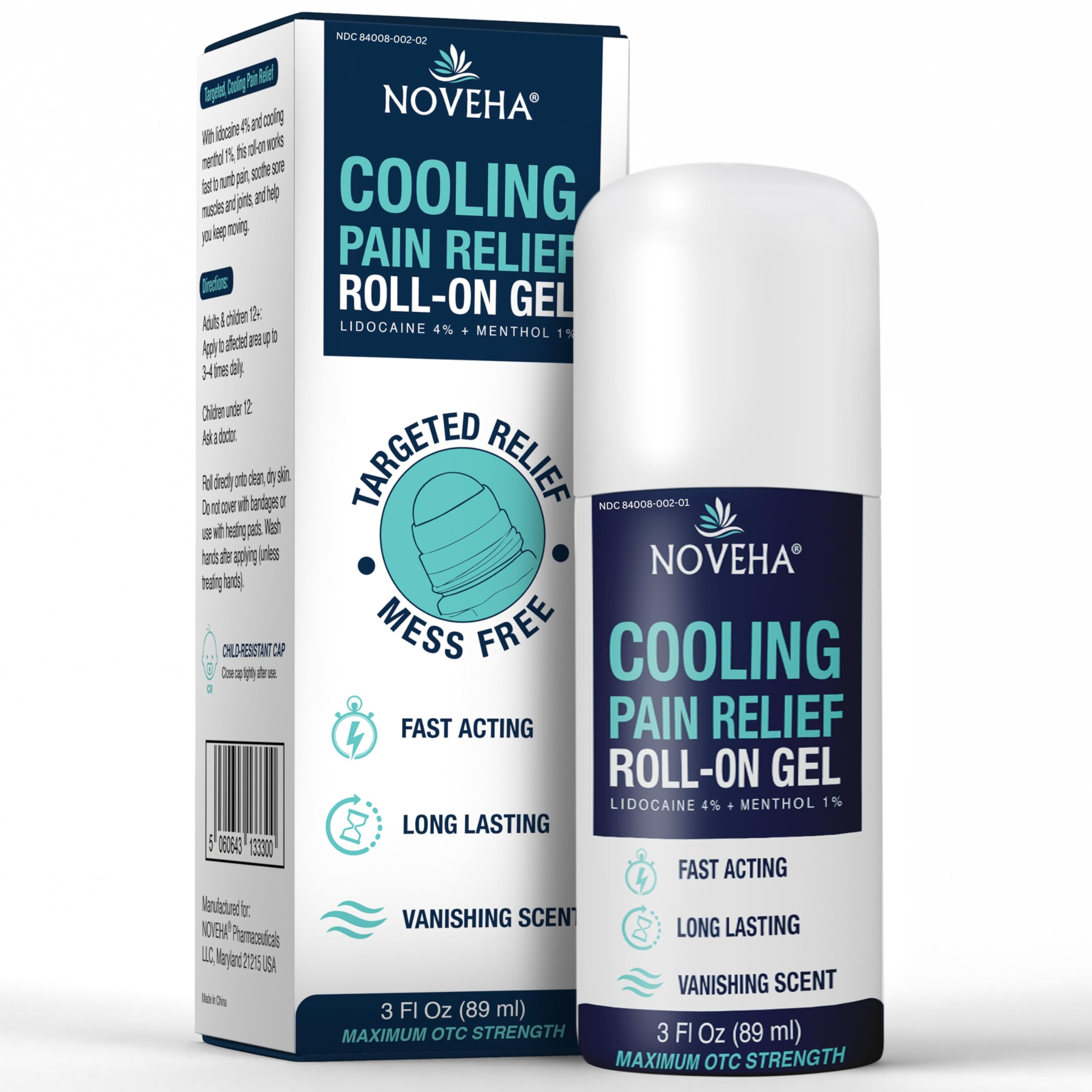 NOVEHA Lidocaine Roll-On Gel 4% | Maximum Strength Temporary Topical Pain Relief for Minor Muscle & Joint Aches | Cooling Formula with Menthol &