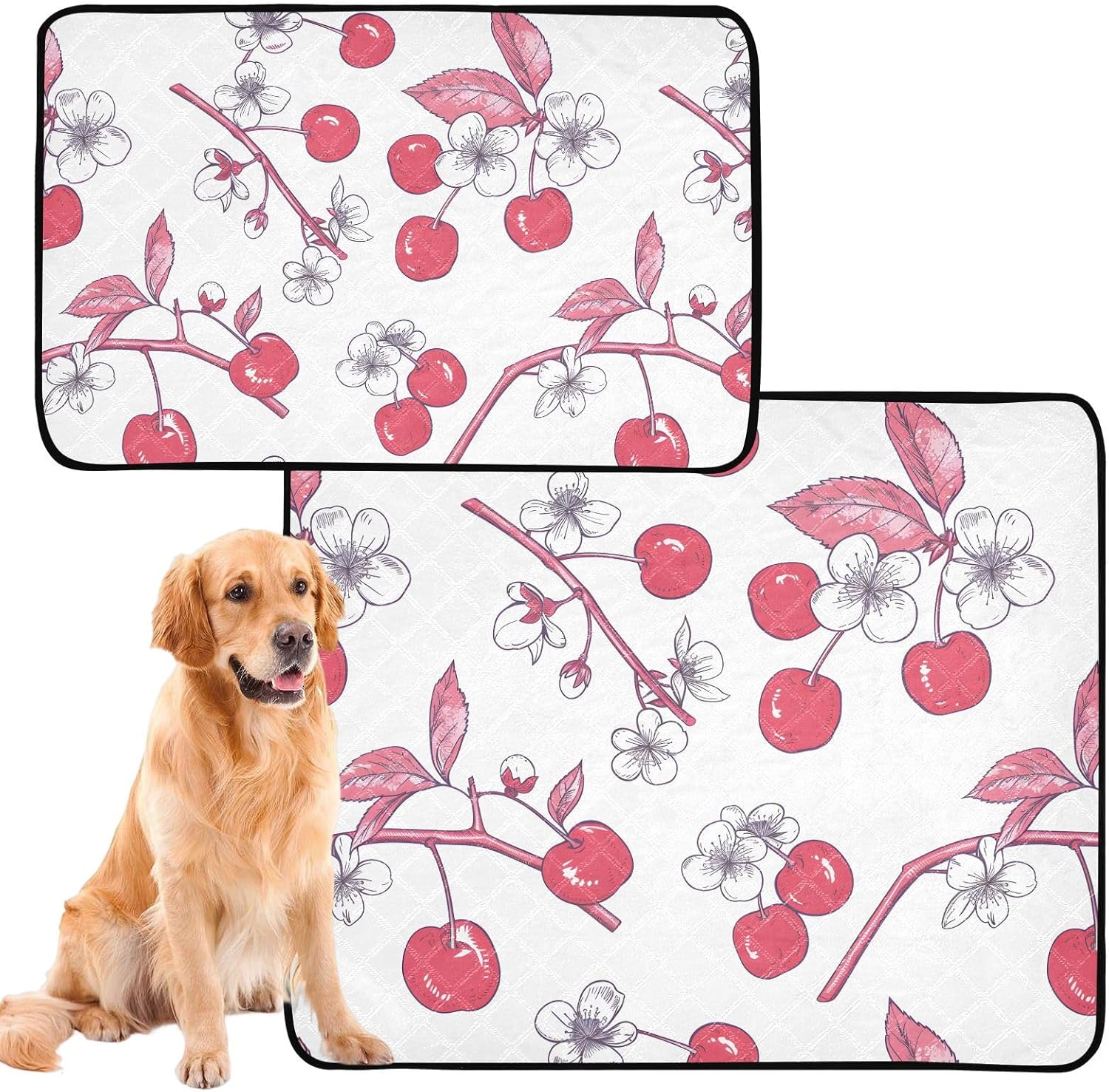 White Cherry Blossom Flower Pet Mat Reusable Feeding Mats for Food and Water Non-Slip Pee Pads for Dogs Cats 2 Packs
