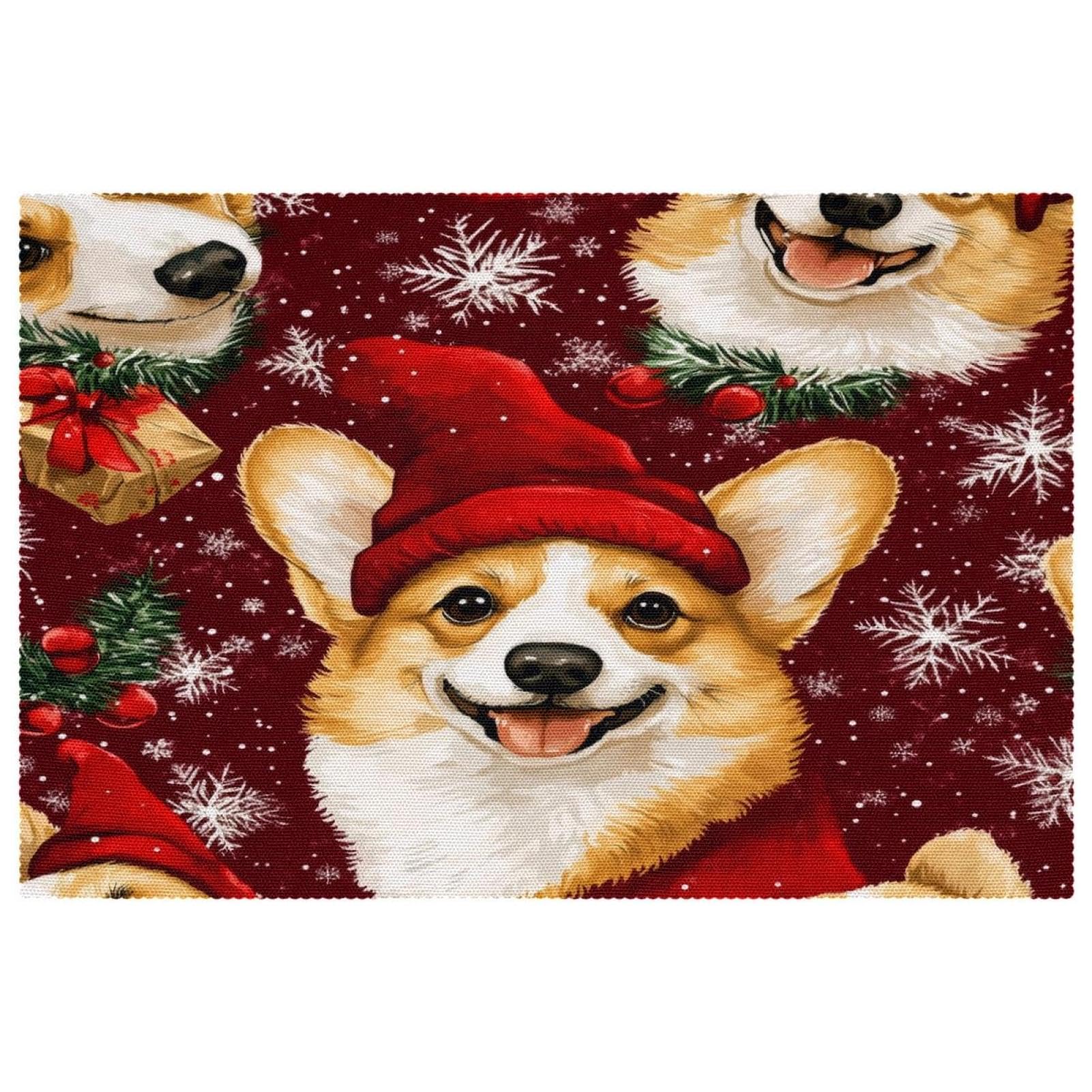 Set de table lavable résistant à la chaleur motif Santa Corgi en tissu Oxford de Noël