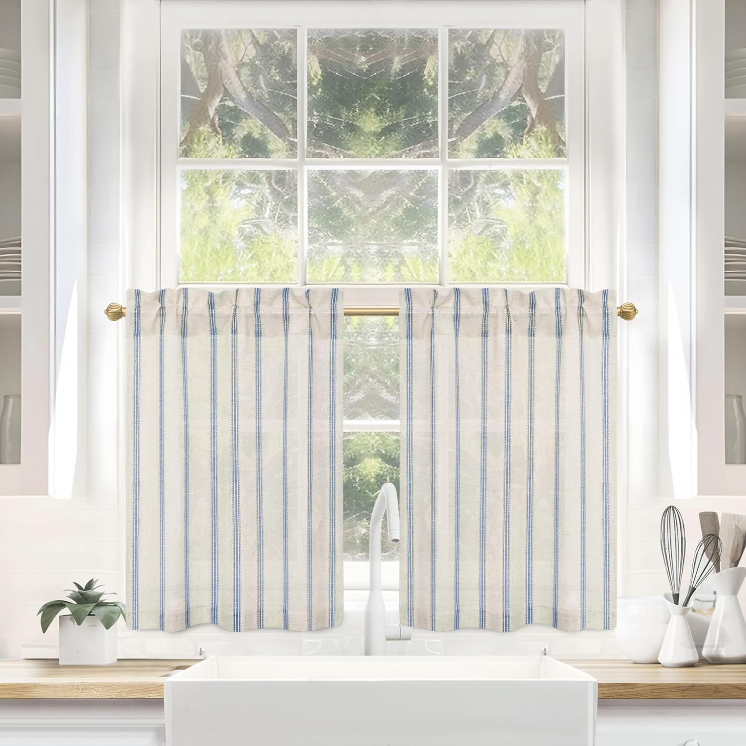 DriftAway Kitchen Tier Curtains - Striped Linen Short Pinstripe Cafe Curtains 36 Inch Length for Living Room Bathroom Chris Farmhouse Rustic Rod Pocket 2 Panels Navy