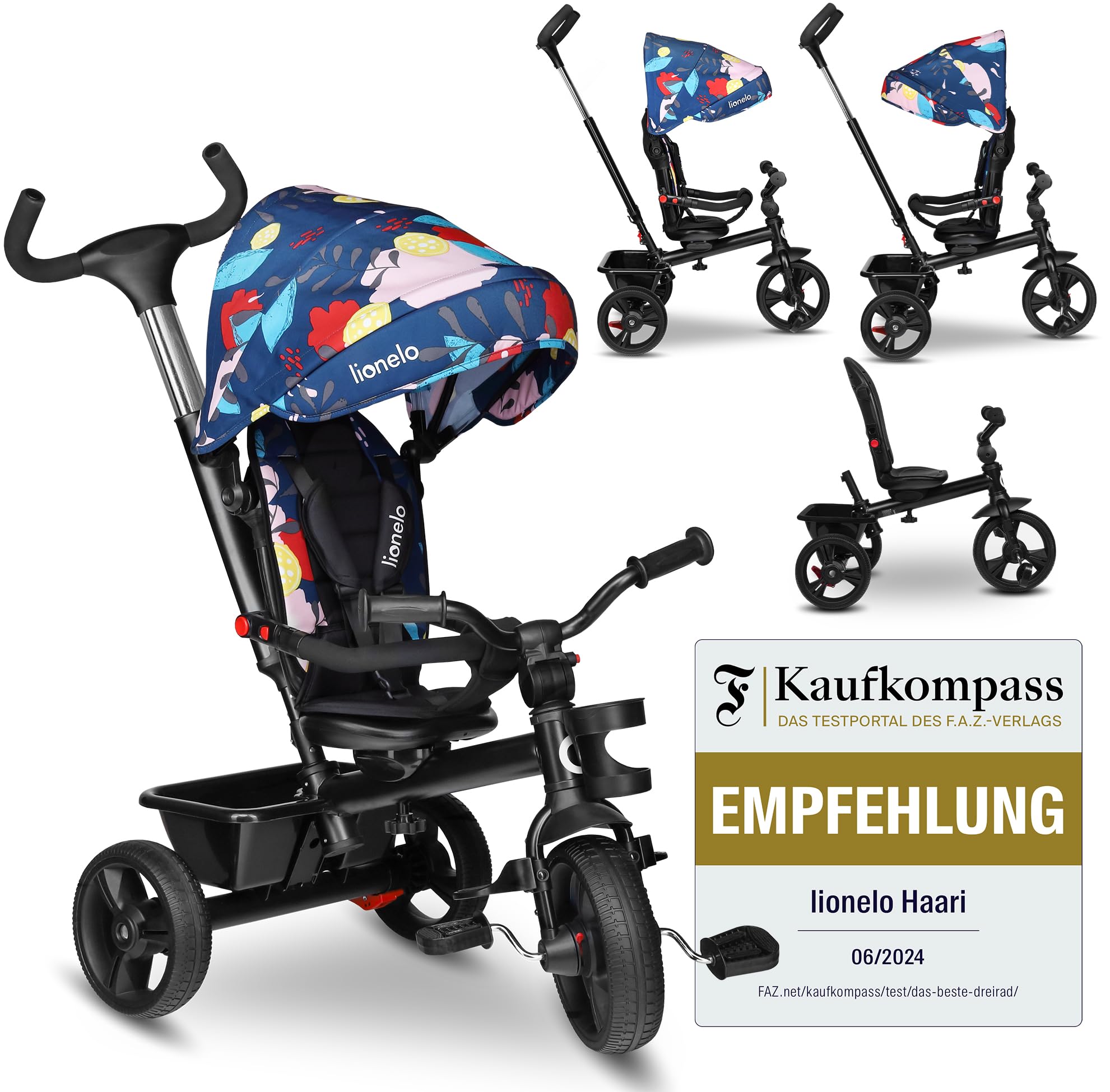 LIONELO Haari 2in1 Kids Tricycle Stroller for toddlers 1-5 Years Up to 25kg Parent steering control Swivel seat Three wheeler Bike Harness Canopy Basket Cup Holder Robust frame Durable wheels