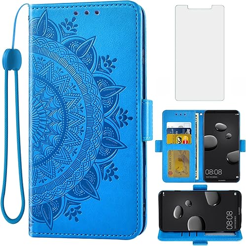 Asuwish Compatible con Huawei Mate 10 Pro - Funda tipo cartera de vidrio templado, protector de pantalla para tarjetas de crédito, correa de muñeca