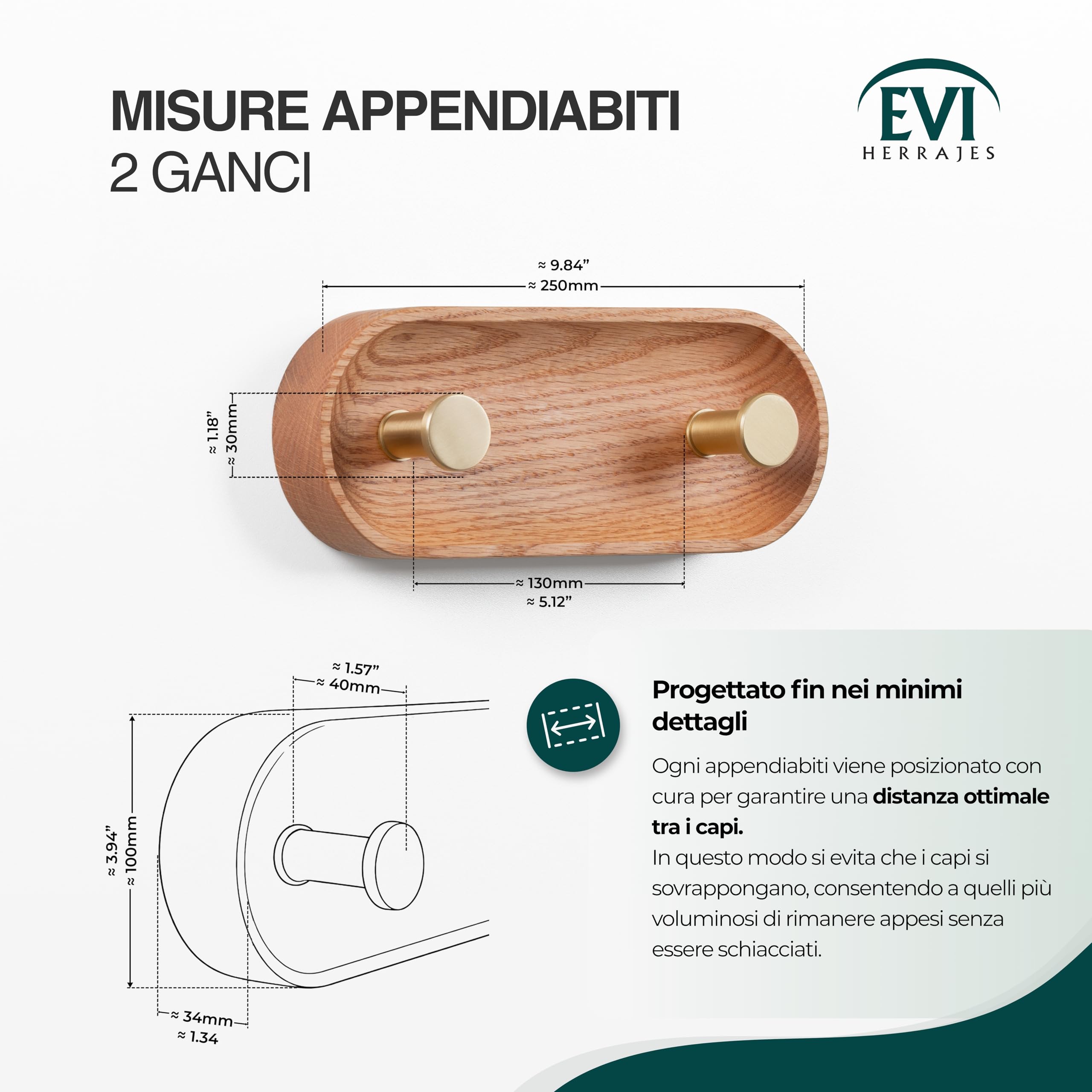 EVI Herrajes | Appendiabiti da parete a 2 ganci | Legno massello di rovere rosso | Ganci in ottone satinato | Kit di montaggio incluso | Mod. Cova 2CRRLMT