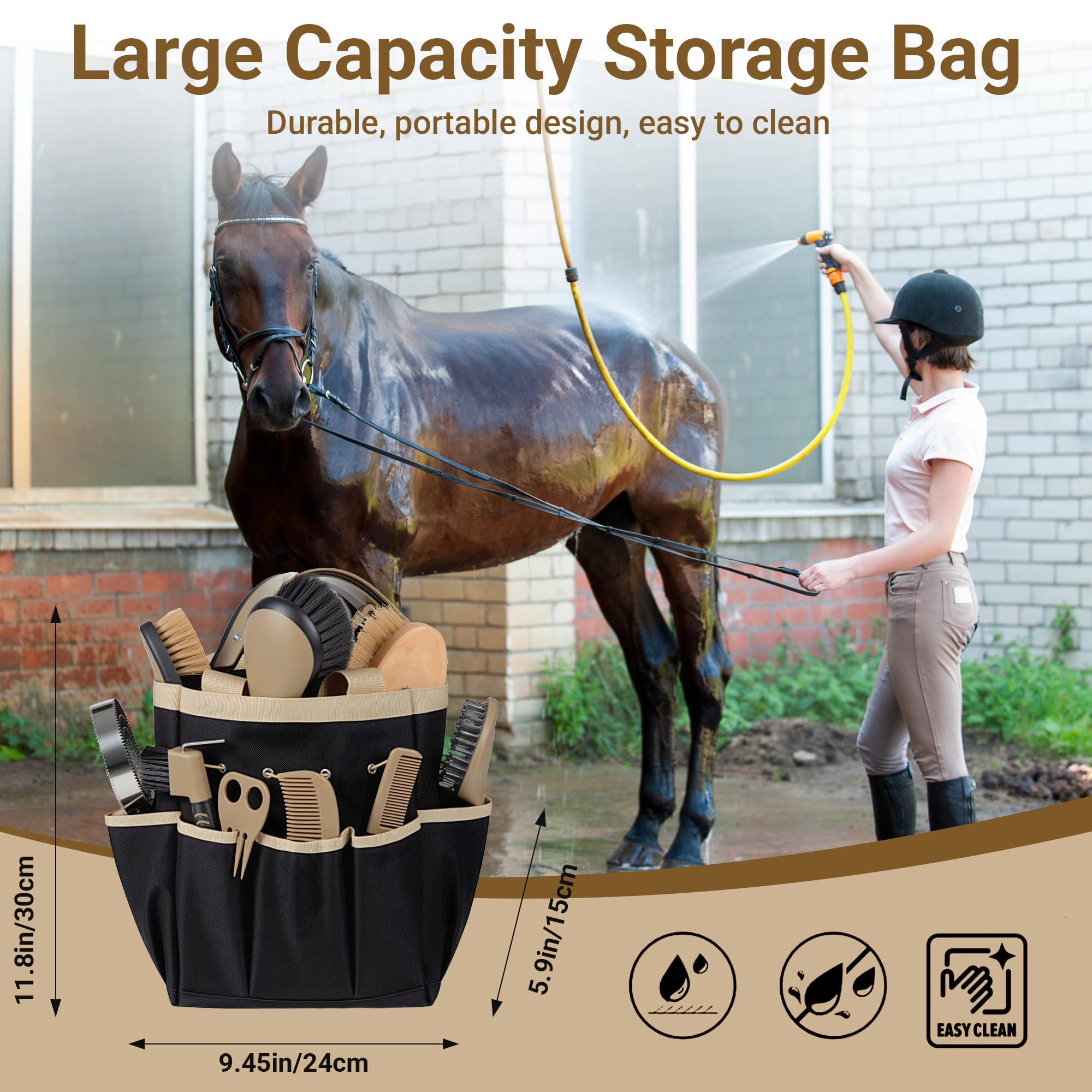 Kit per la toelettatura dei cavalli, set professionale 14 in 1 per toelettatura e cura, con spazzole per cavallo, pettine per curry, plettro per zoccoli e borsa portaoggetti impermeabile per brillare