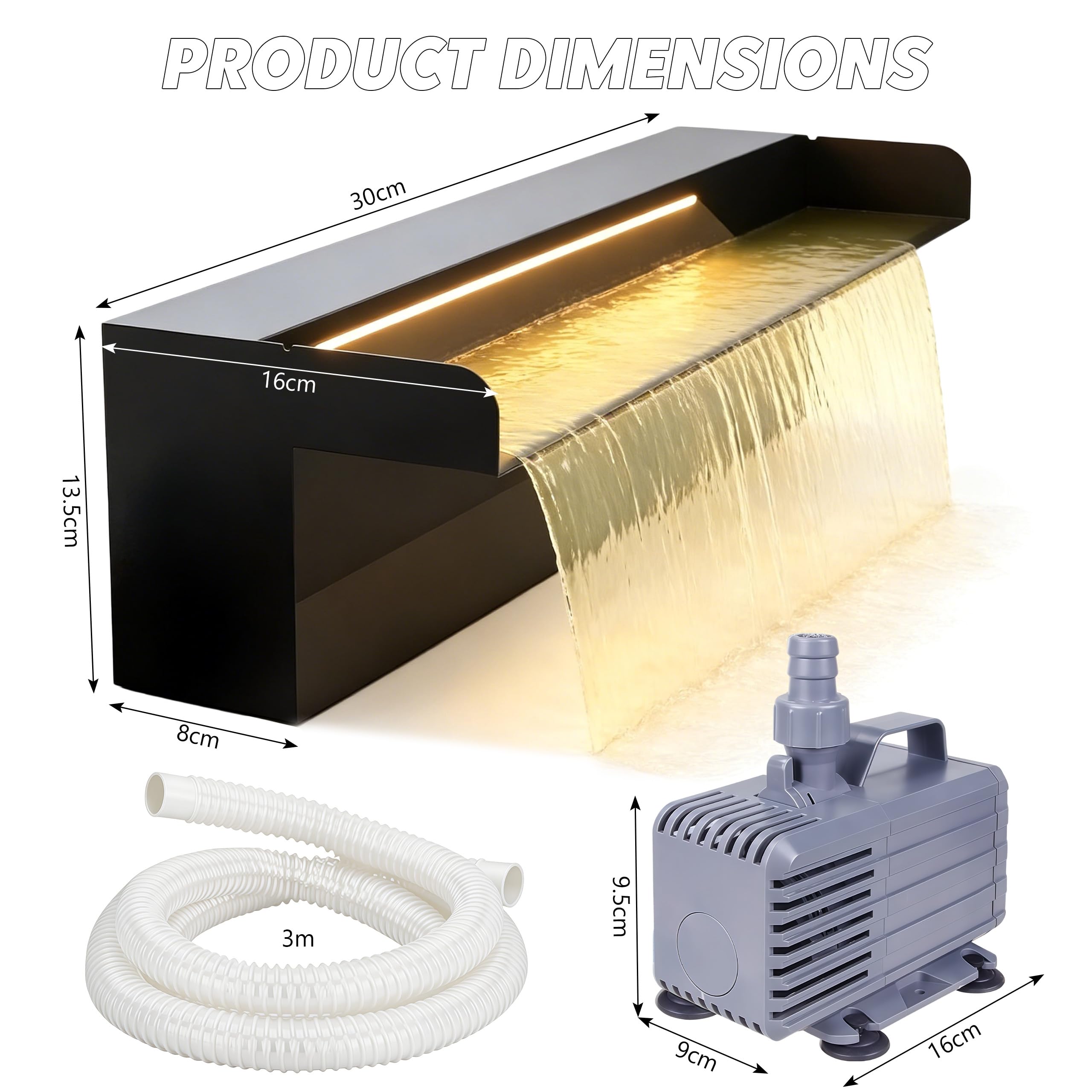 Set Cascata per Laghetto Esterno 30 cm in Acciaio Inossidabile con con Pompa da 60 W 3200 L/h Catena Luminosa LED telecomandata con Cambio di Colore Fontana per Piscina per Giardino Patio e Terrazza