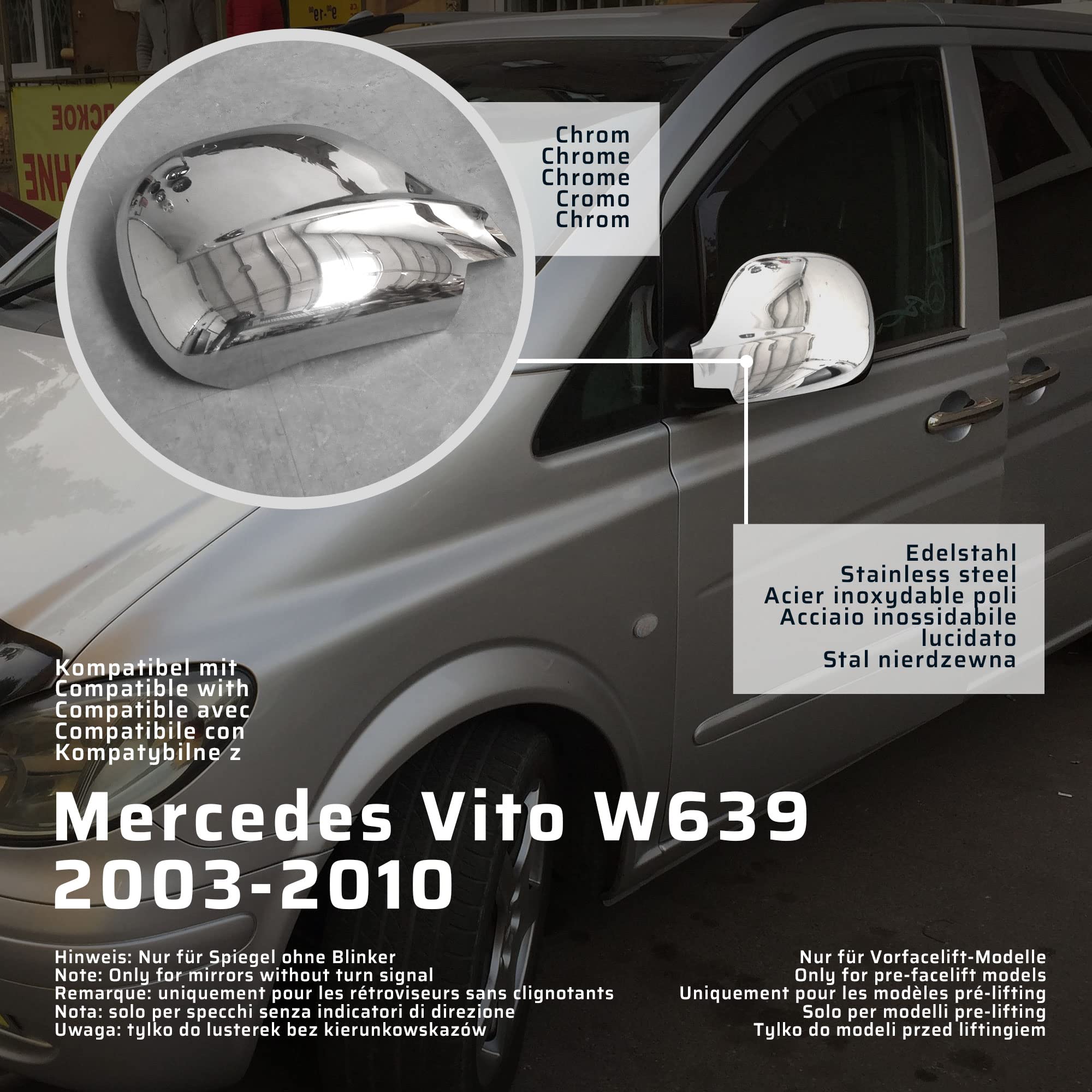 CHROMEMASTER | Nakładki na Lusterka Zewnętrzne | Kompatybilne z Mercedes Vito W639 2003-2010 | Stal nierdzewna; Osłony Lusterek to Niepowtarzalny Wygląd Auta i Ochrona Przed Uszkodzeniem