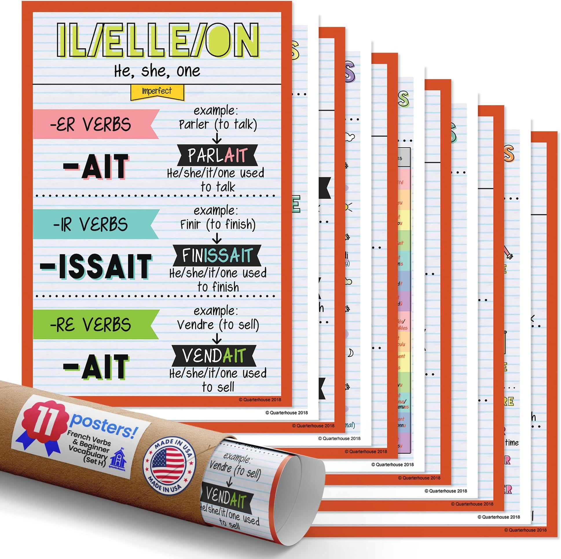 Quarterhouse 11 Poster French Verbs and Beginner Vocabulary (Set H) Set, French Classroom Learning Materials for Pre-K and K-12 Students and Teachers, 12 x 18 Inches, Made in USA