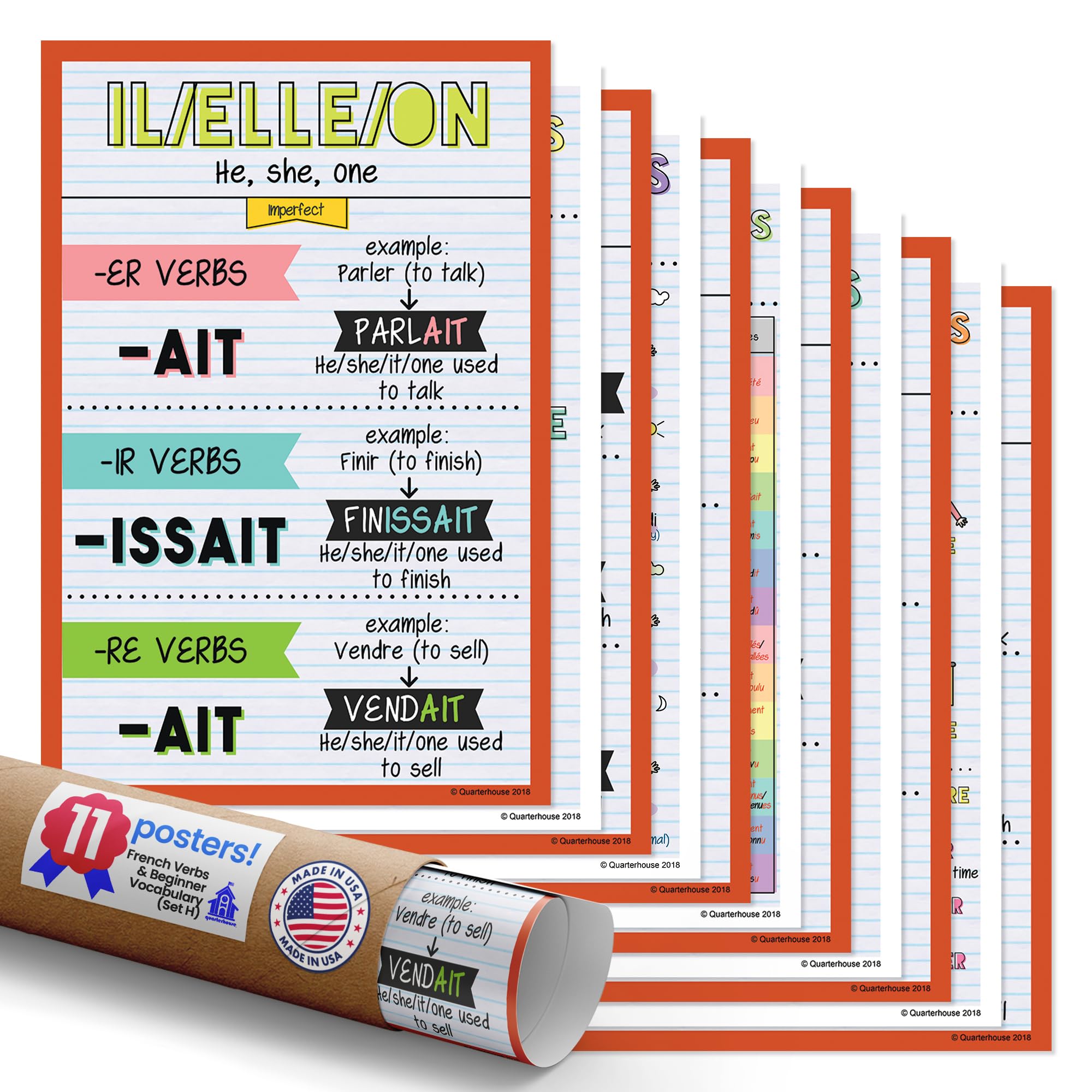 Quarterhouse 11 Poster French Verbs and Beginner Vocabulary (Set H) Set, French Classroom Learning Materials for Pre-K and K-12 Students and Teachers, 12 x 18 Inches, Made in USA