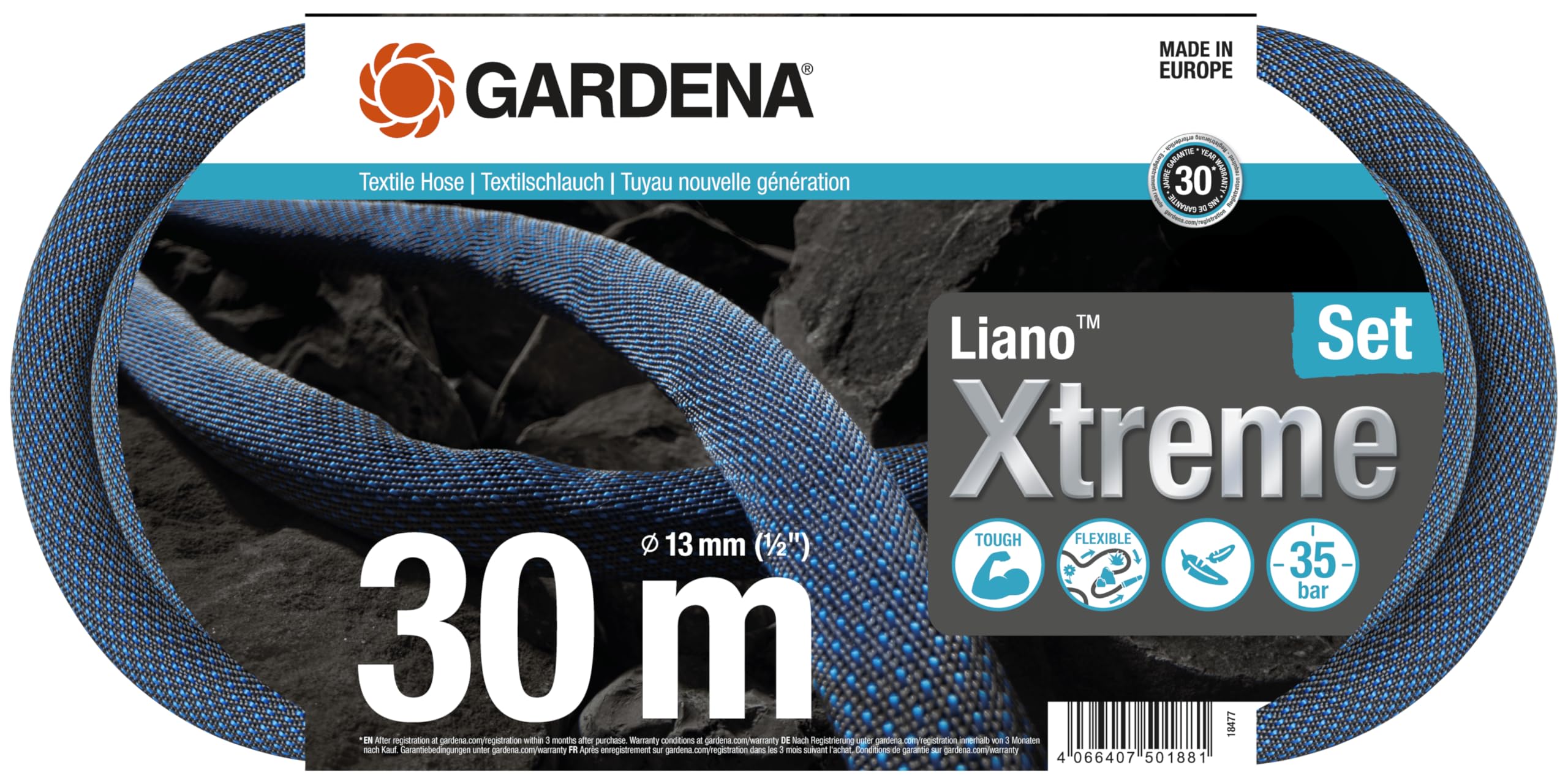 Gardena Liano Xtreme 1/2 inch, 30m set: Extremely robust textile garden hose, for indoor water taps, with PVC inner tube, lightweight, weather-resistant (18477-20)
