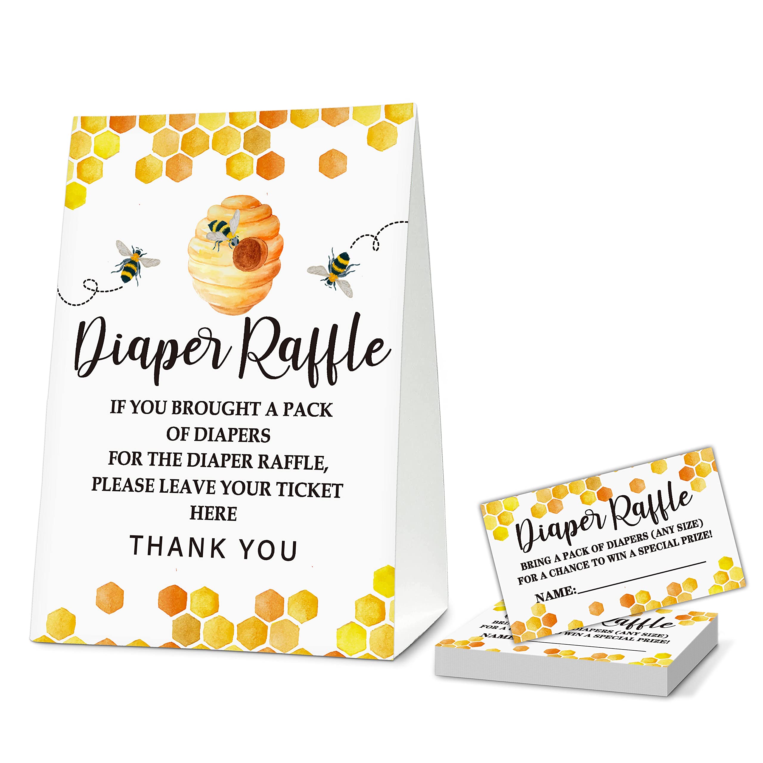 ONDTOM Bee Baby Shower Party Game Diaper Raffle Standing Sign With 50 Cards, Mommy To Bee Themed Honeycomb Decor, Gender Reveal Game(5"x7") - Diaper-C01