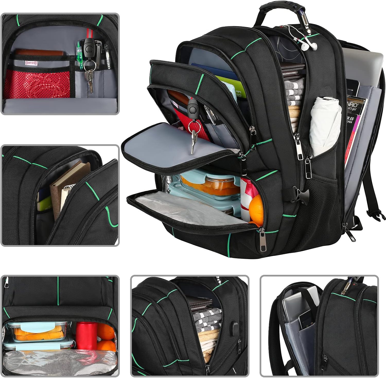VECKUSON Zaino per computer portatile, 15,6 pollici, verde, unisex, impermeabile, porta di ricarica USB, isolato, approvato TSA, antifurto, tessuto in nylon poliestere resistente