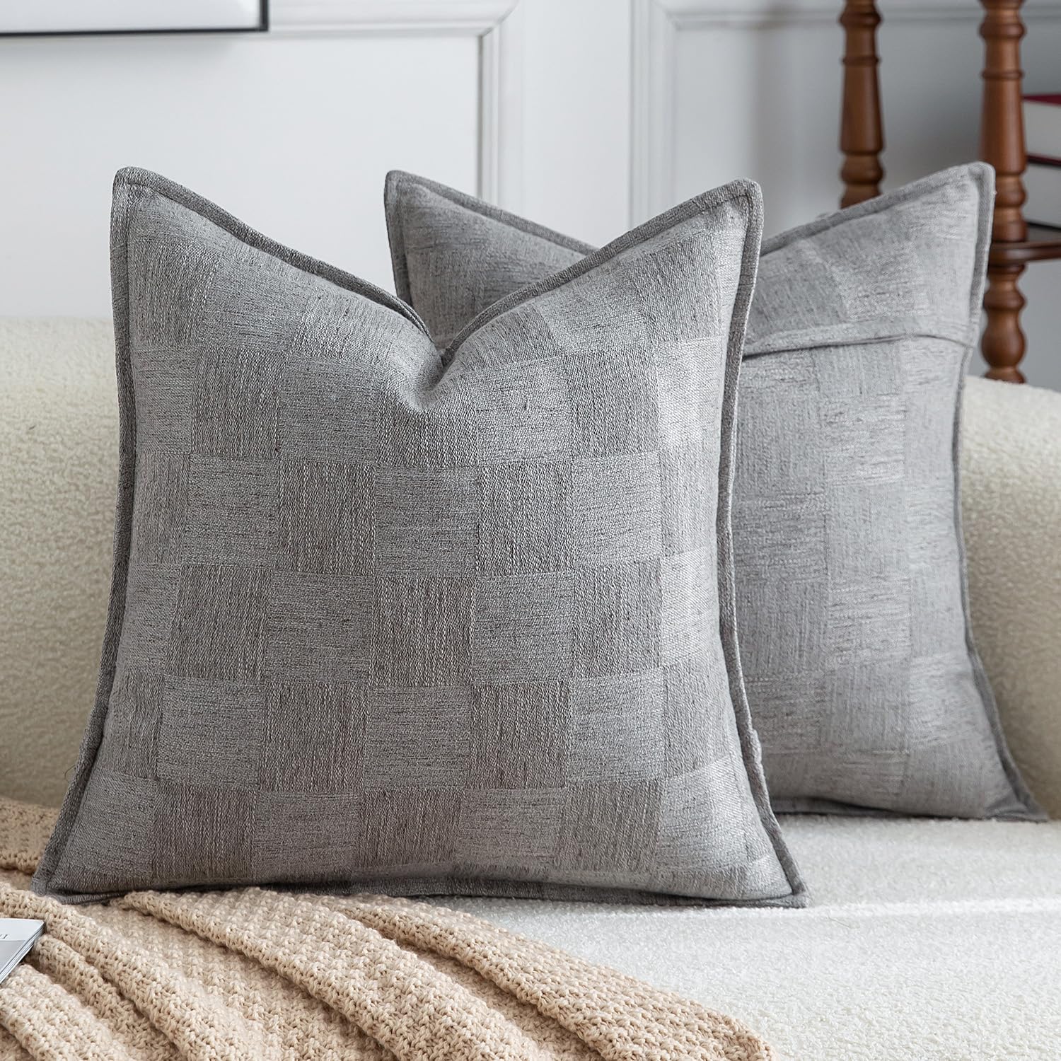Madizz Pack of 2 Decorative Cushion Covers 50x50 CM Grey Soft Linen Blend Throw Pillows Solid Textured Pillow Covers for Couch Sofa Bedroom Living Room