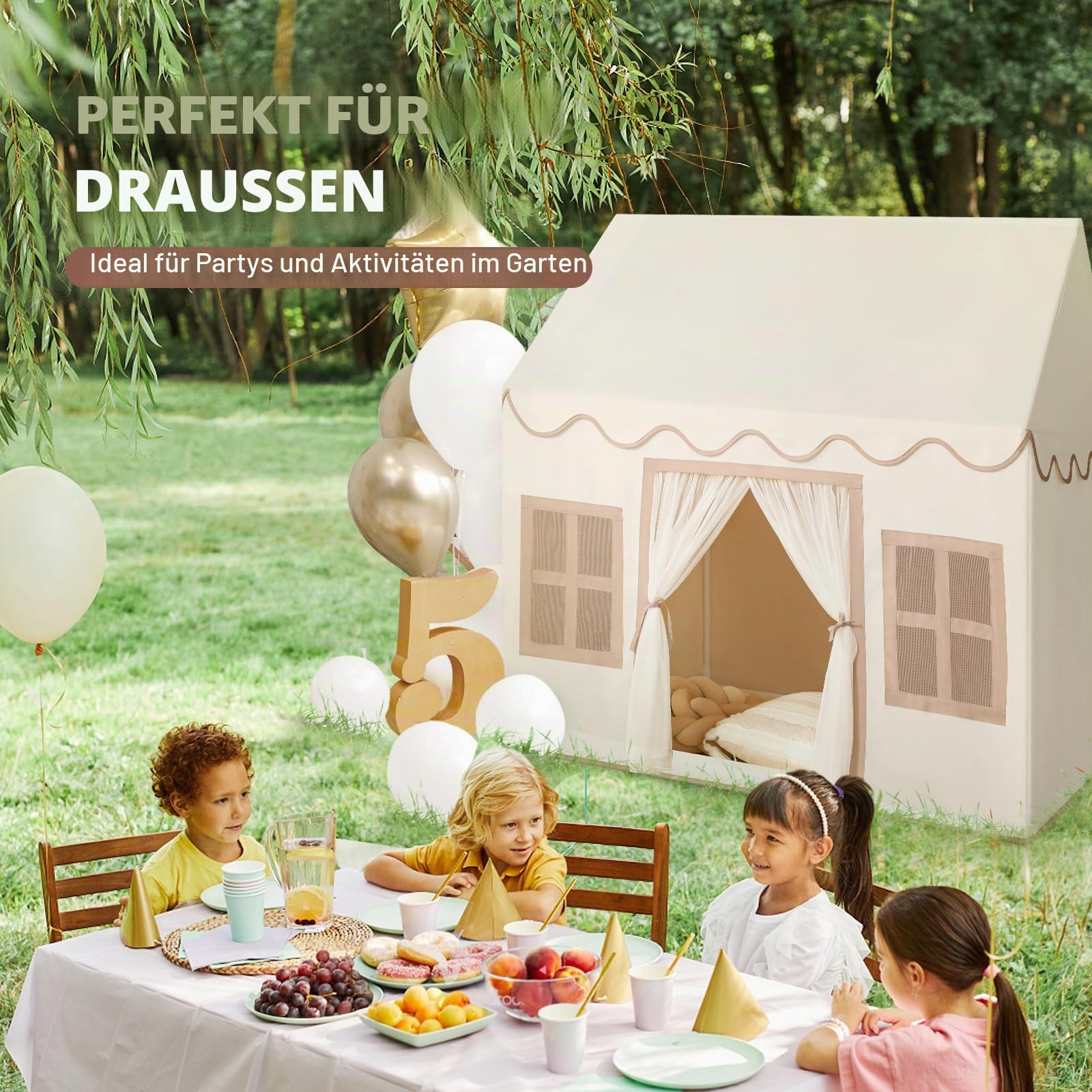 Wilwolfer Kinder Spielzelt mit Matte für Kleinkinder: Prinzessinnen Spielhaus mit Quastengirlande für Mädchen & Jungen - Großes Zelt für Indoor & Outdoor