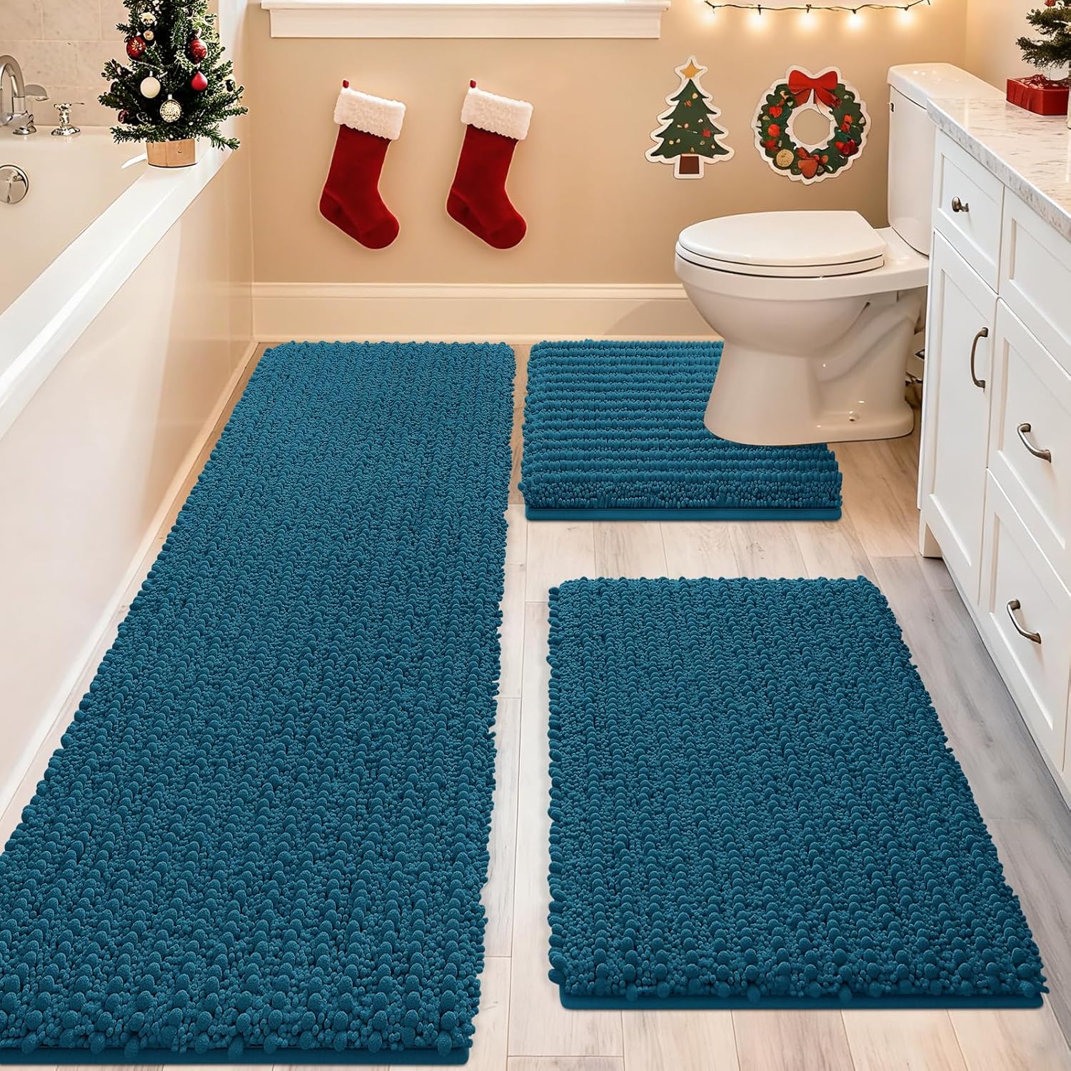 ACCUMTEK Upgrade Extra Large Teal Blue Bathroom Rug Set 3 Pieces Ultra Soft, Thick Absorbent Bath Mats, Non Slip Chenille Toilet Mat for Bathroom, Bedroom, Kitchen 4'×1'8"+ 2'x1'5"+ U Shape 1'8"x2' Teal Blue
