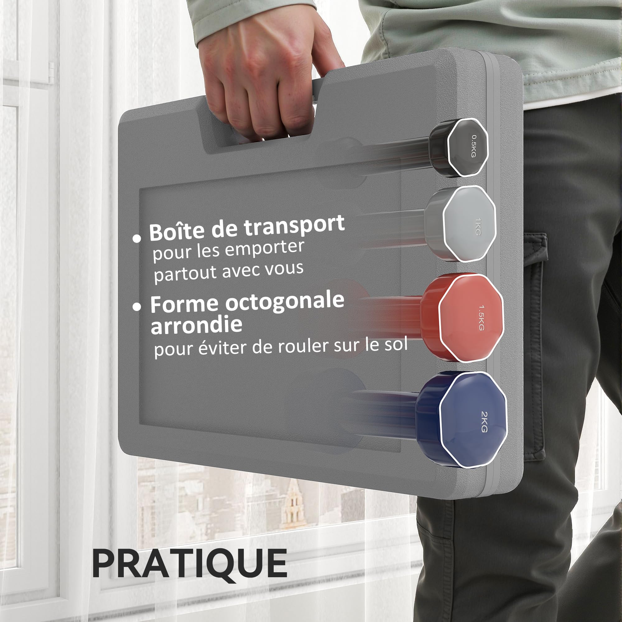HOMCOM Ensemble d'haltères courtes total 10 Kg - paires de 0,5/1/1,5/2 Kg avec malette - entraînement musculaire & haltérophilie - métal PU