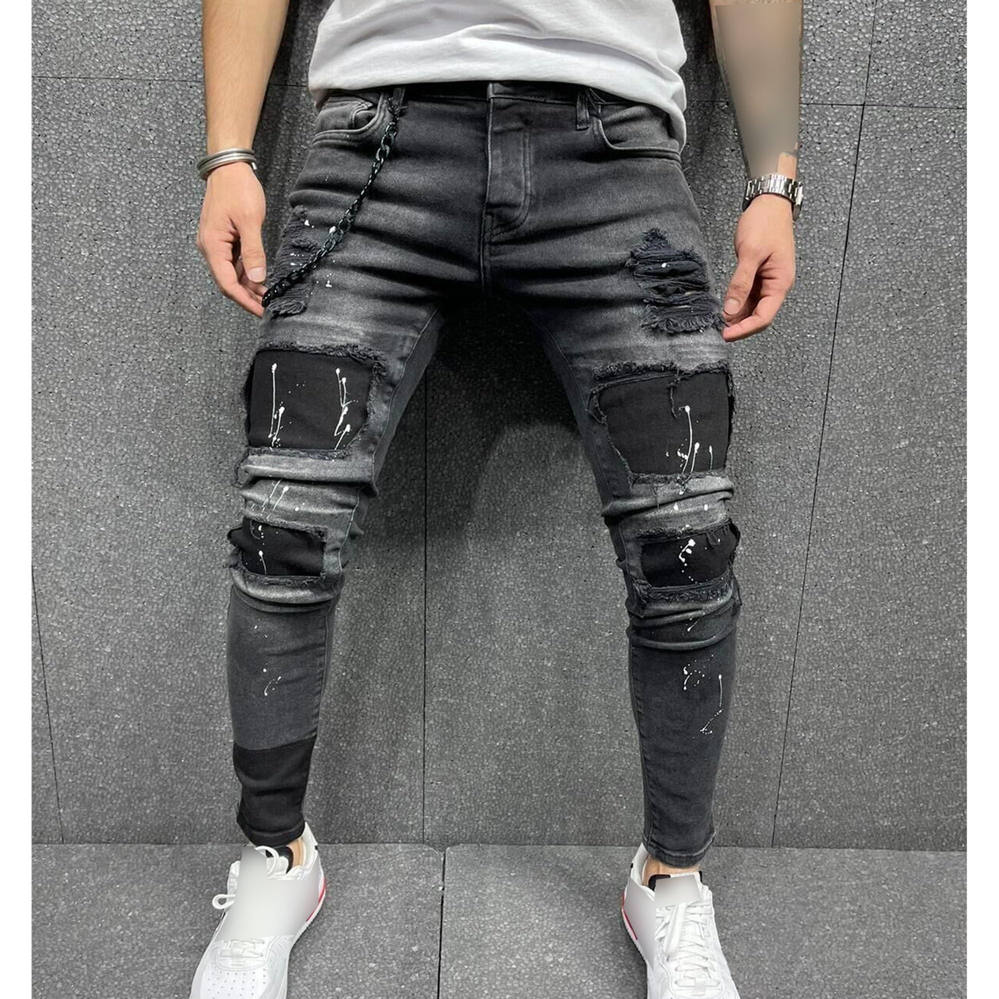 Men's Slim-Fit Ripped Tapered Biker Jeans Stretch Destroyed Skinny Denim Pants Stylish Straight Leg for Men (Black,Medium)
