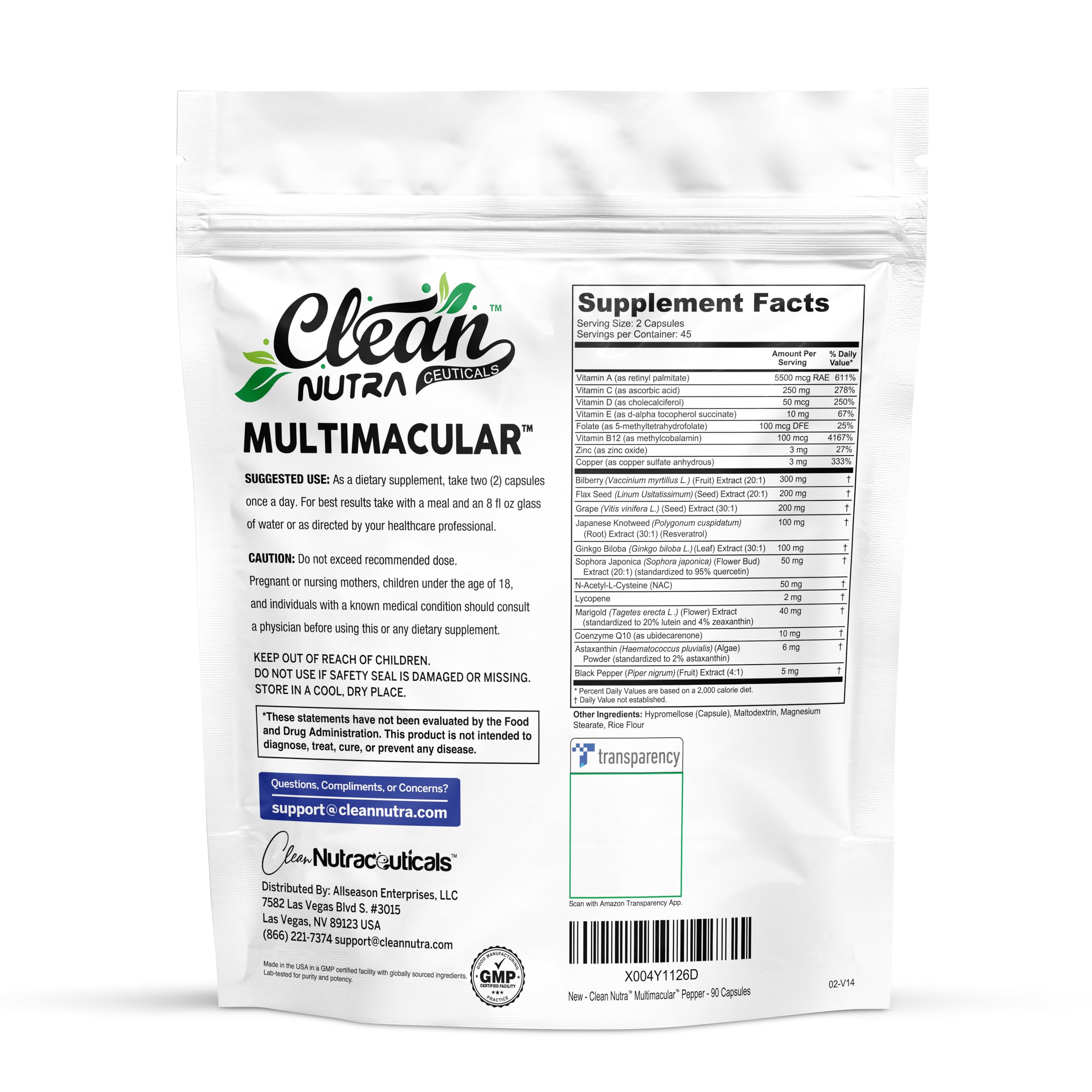 Clean Nutra Multimacular Bilberry+ Lutein Zeaxanthin Lycopene Resveratrol with Flax Seed Grape Japanese Knotweed Ginkgo Biloba Sophora Japonica Coenzyme Copper Zinc Marigold Black Pepper 90 Capsules — Amazon image 5