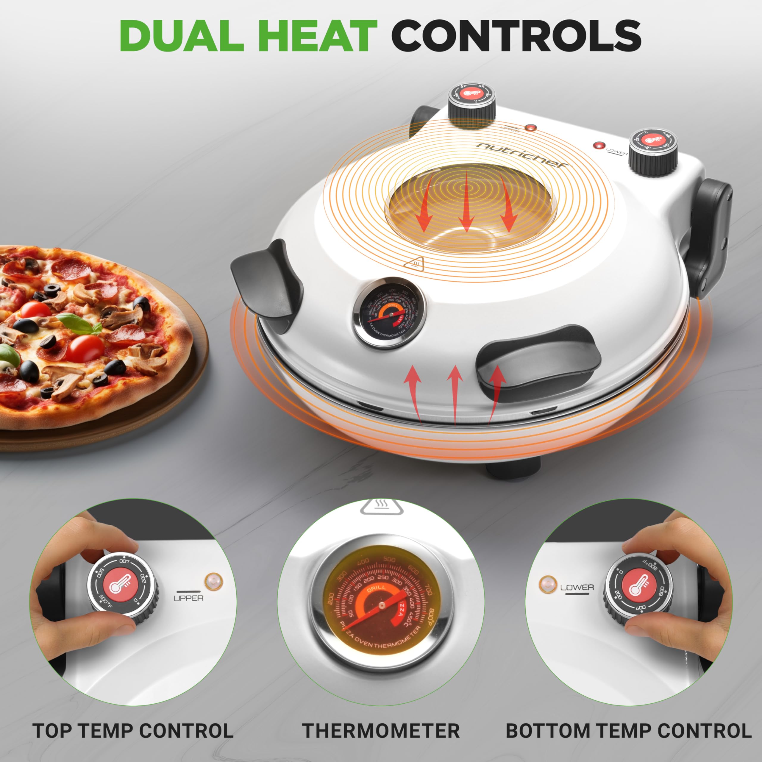 NutriChef Piekarnik elektryczny do pizzy 12” | Maker do pizzy na blat z kontrolą temperatury | Okno pieczenia | Podgrzewa do 800°F | Kamień nieprzywierający, łatwy do czyszczenia | Biały