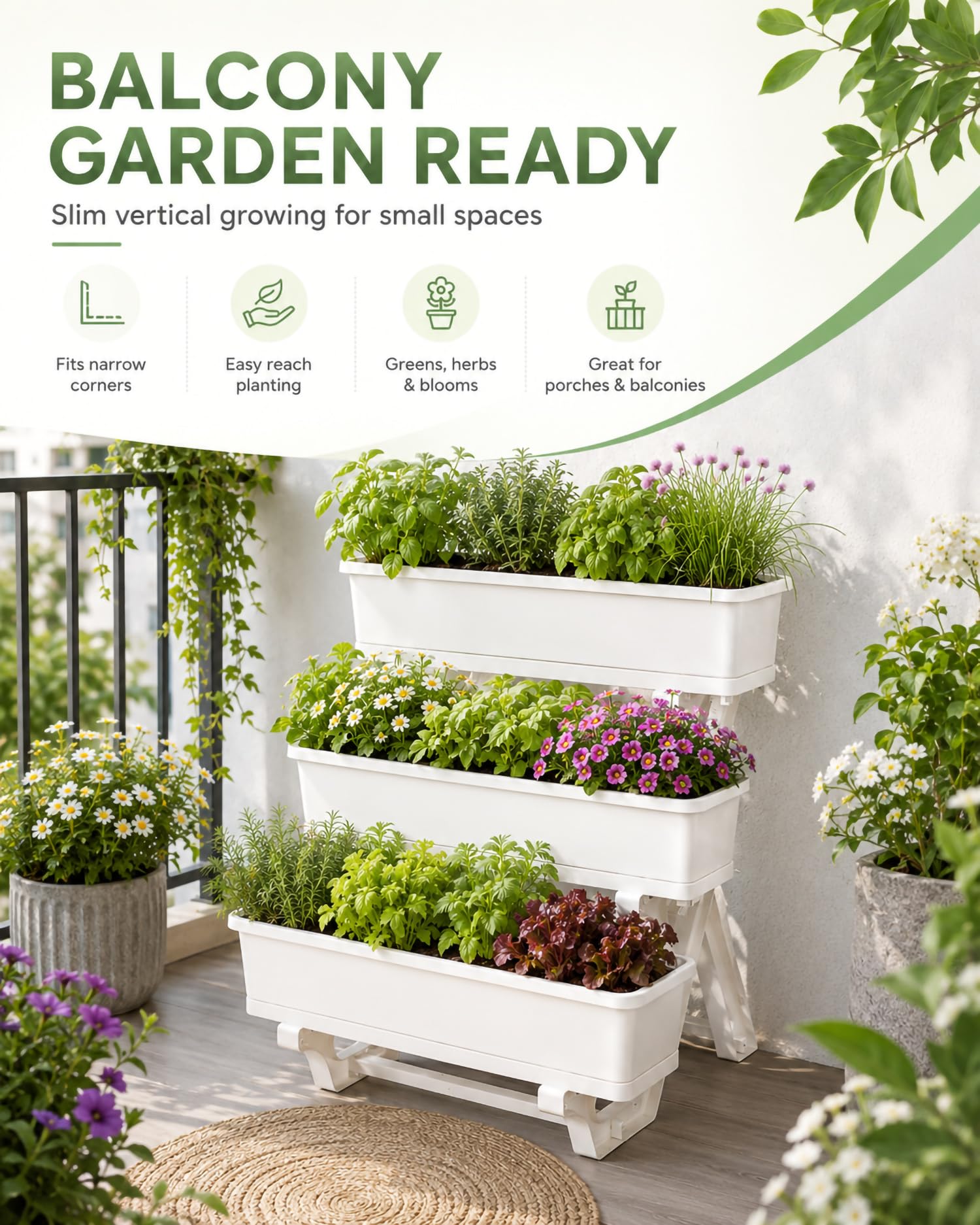 Jardinera Elevada De PP con 3 Niveles, 56 Orificios De Drenaje Y Perfil Estrecho, Mesa De Cultivo para Balcón, Huerto Urbano para Verduras, Flores Y Plantas,Blanca,72 * 58 * 75cm