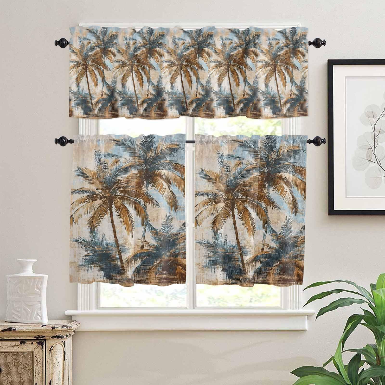 Navy Blue Brown Palm Tree Kitchen Curtains 36 Inch Length, 3 Piece Rod Pocket Small Half Tiers and Valance Set, Tropical Leaves Vintage Small Large Window Treatment Decor for Bedroom/Bathroom Sink