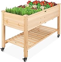 Best Choice Products 48x24x32 Elevated Raised Garden Bed - Mobile Wood Planter with Lockable Wheels, Storage Shelf & Liner