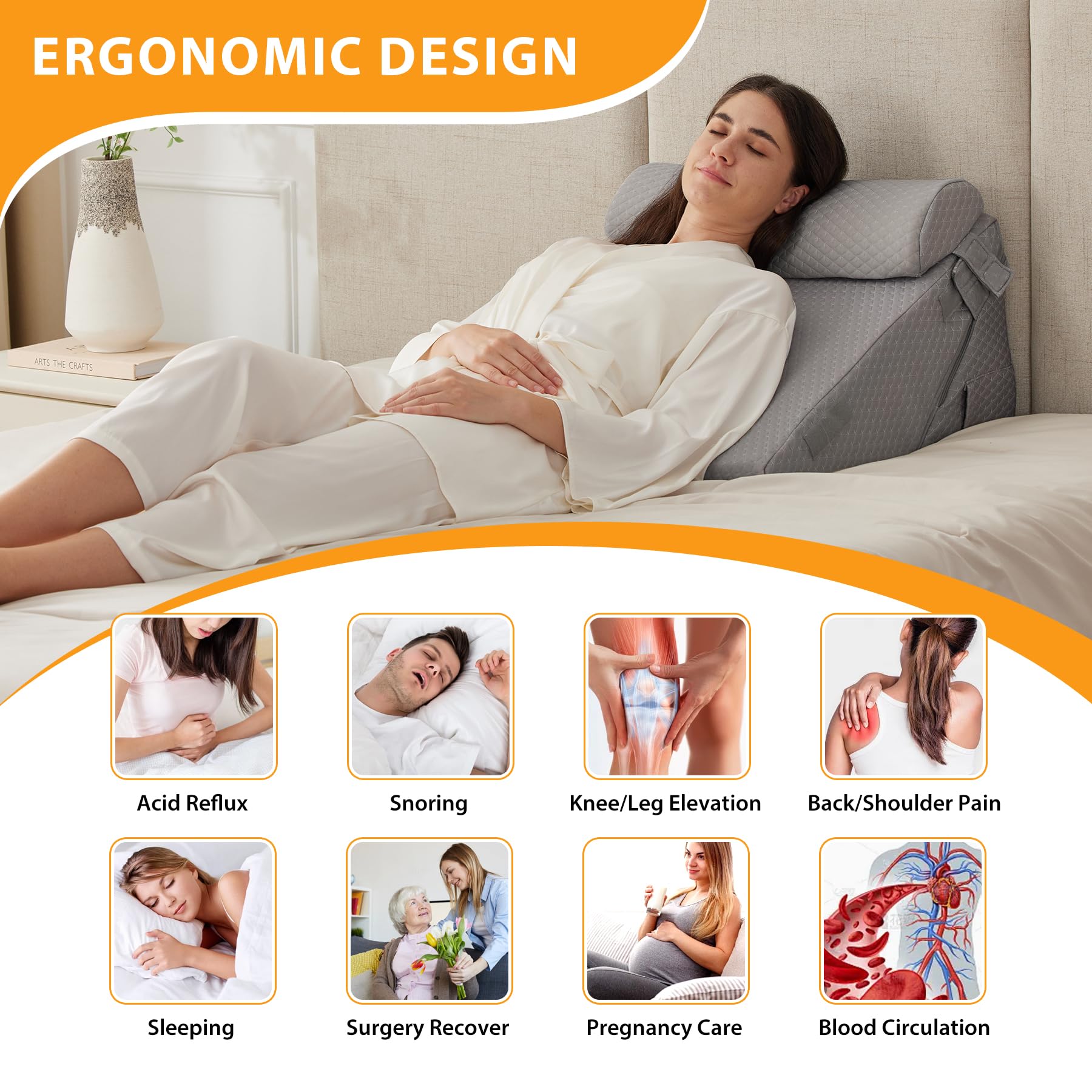Ruqmuis Juego de almohadas de cuña para después de la cirugía, 3 almohadas de cuña ajustables de 9 y 12 pulgadas para dormir, almohada inclinada para cabecera, postoperatoria, reflujo ácido, soporte