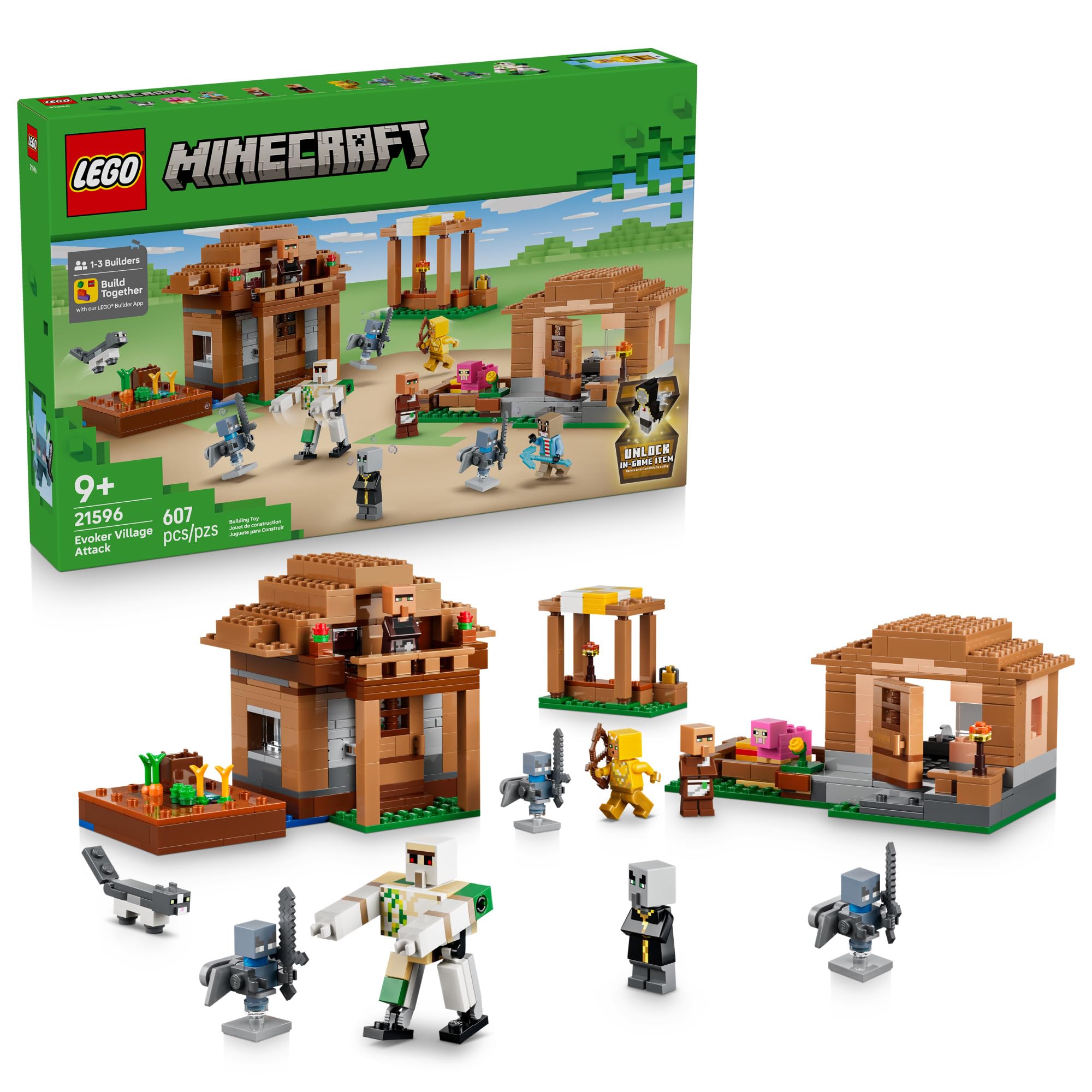 Minecraft Evoker Village Attack 21596 | Building Toys for Boys & Girls, Ages 9+, Sturdy Build for Pretend Play, 11 Minecraft Minifigures, 607 pieces, Gift for Gamers