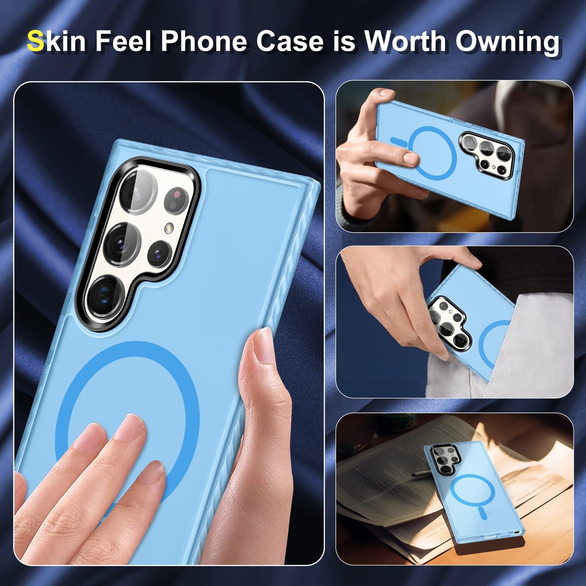 Magnetyczne etui do Samsung Galaxy S25 Ultra/S25 Plus/S25, zderzak półprzezroczysty matowy tył cienka obudowa (ciemny niebieski, S25 Ultra)