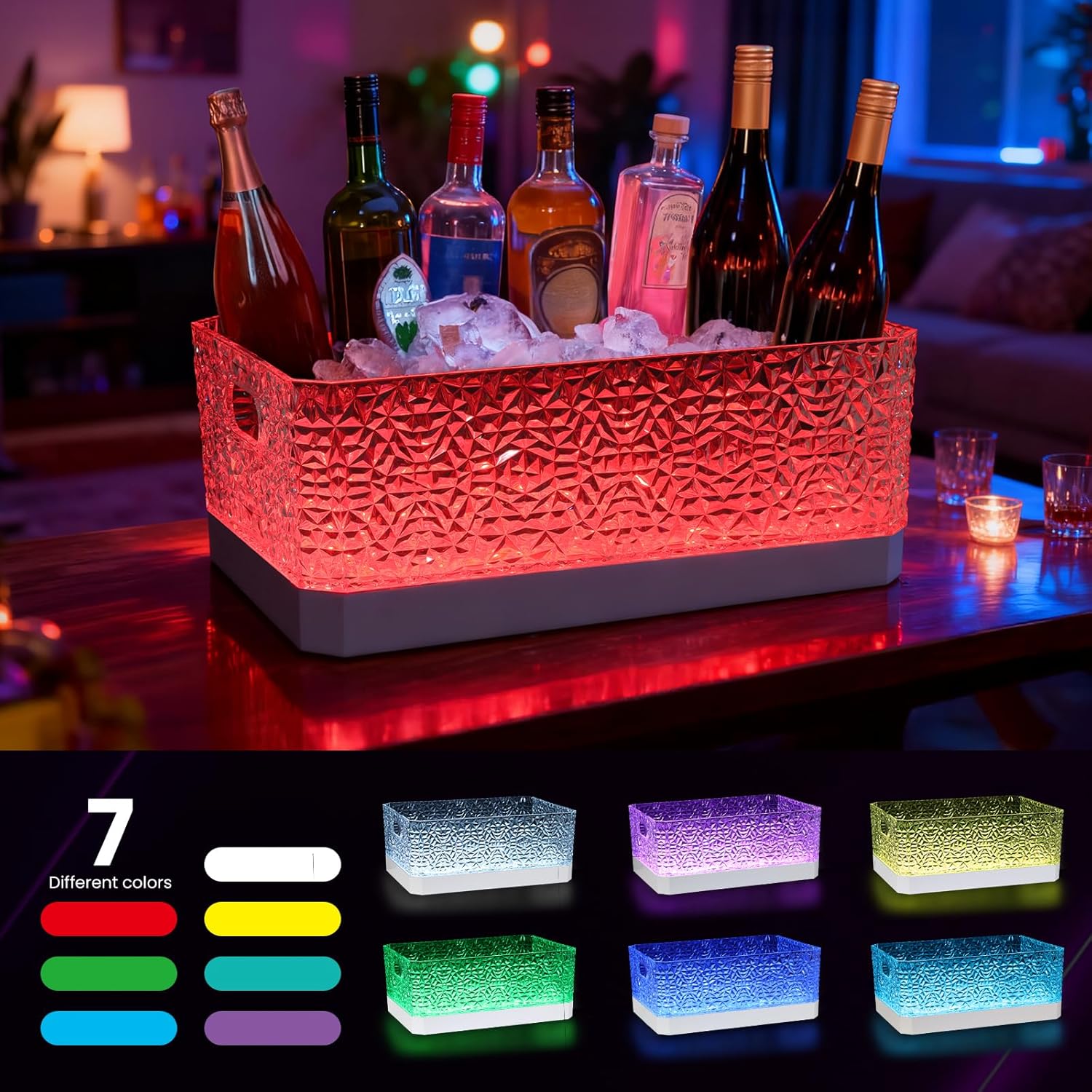 LED Light Up Plastic ice buckets for parties 15L large Clear beverage tub 7-color LED light ice buckets For Champagne Beer Cocktails Family Gathering Bar Nightclub Essential (Diamond texture)
