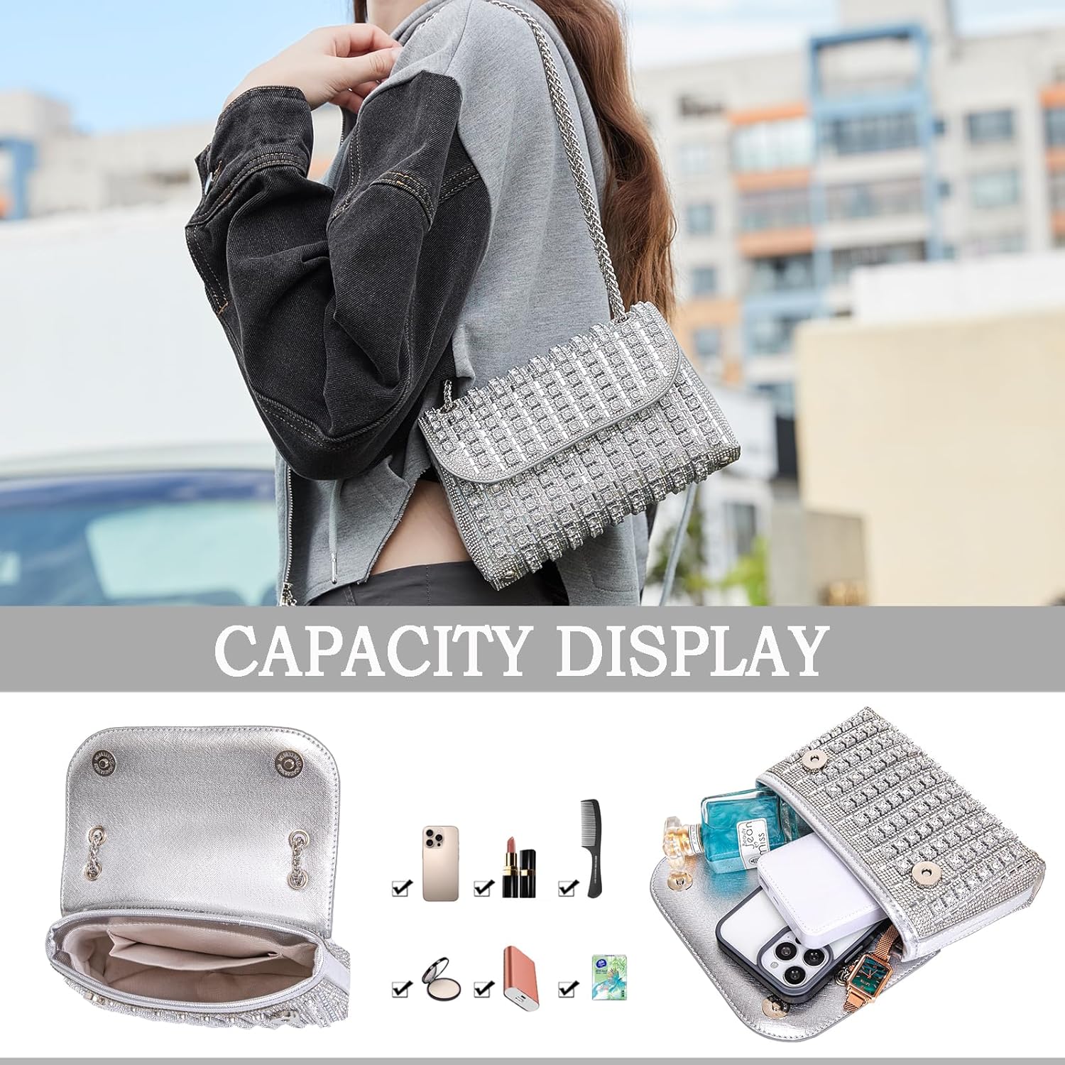 BBTT.ful Shoulder Bags Crossbody Bag Purses Handbags Crystals Rhinestone Evening Bag for Women Clutch Purse with Chain