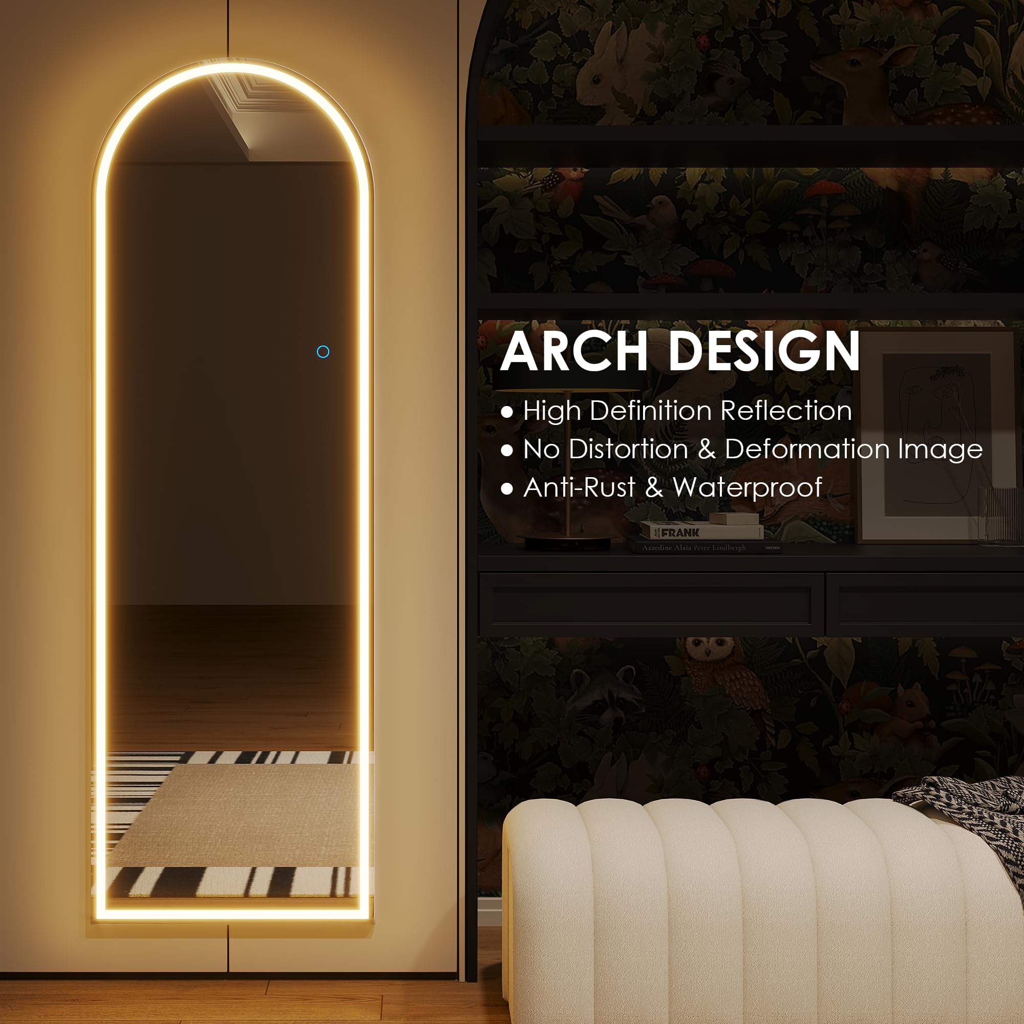 LVSOMT Bogen Ganzkörperspiegel mit Beleuchtung, 153x50cm LED Gewölbter Standspiegel, Moderne Wandspiegel Groß, Stehspiegel ohne Rahmen Beleuchtet, Aufstellspiegel für Schlafzimmer Wohnzimmer, Weiß