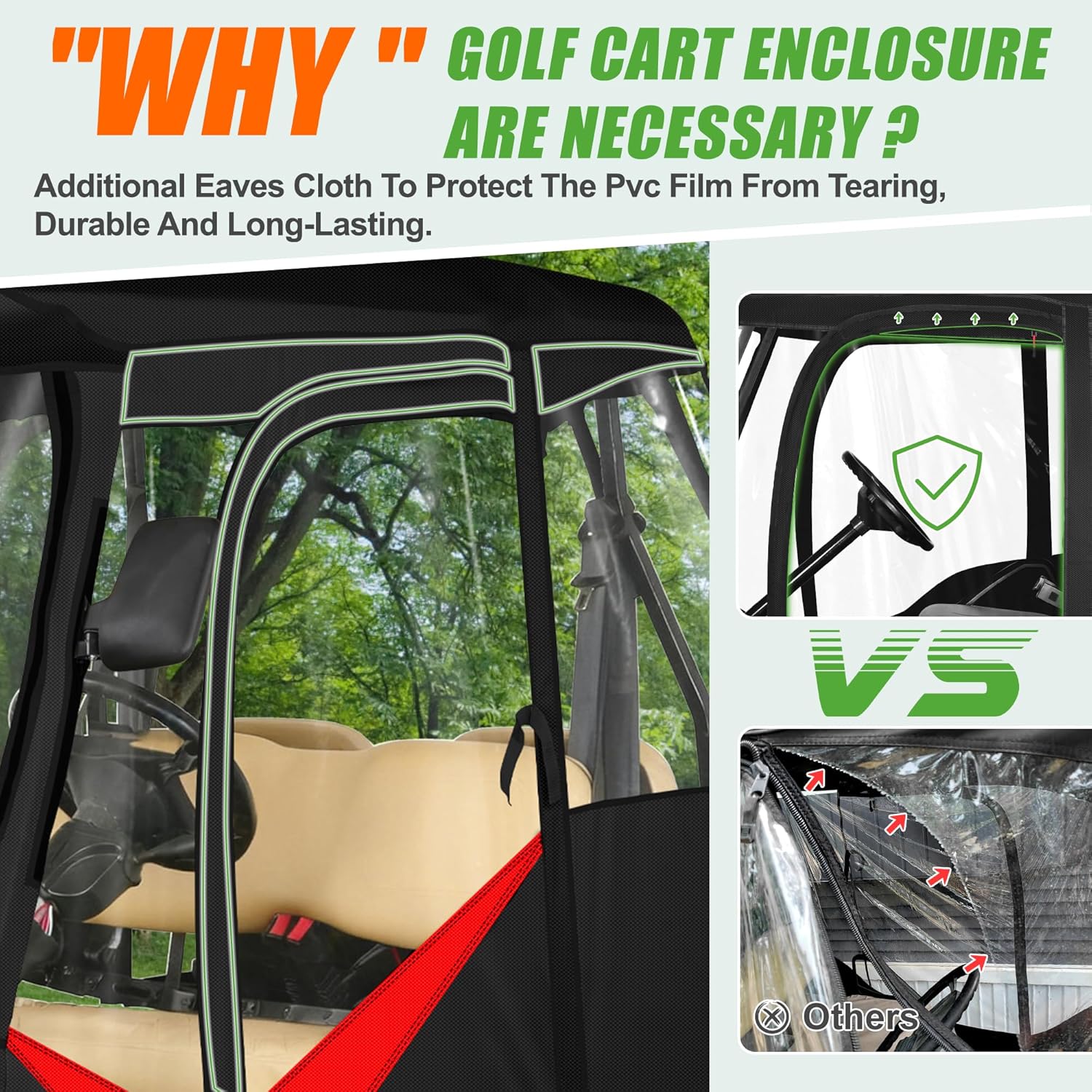 10L0L Golf Cart Driving Enclosure for Club Car DS 2+2 Passenger, (Short Roof 56-59" with Bench) Windproof Waterproof Heavy Duty 600D Rain Cover with 4-Sided Clear Windows & Durable Door Zipper
