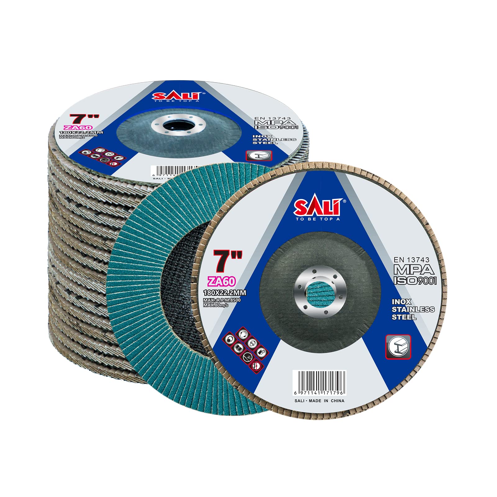 Sali 10 Pack Zirconia Flap Disc 60 Grit 7" x 7/8-Inch Sanding Disc Bevel Type #29 Premium and Industrial Grade Angle Grinder Grinding Wheel High