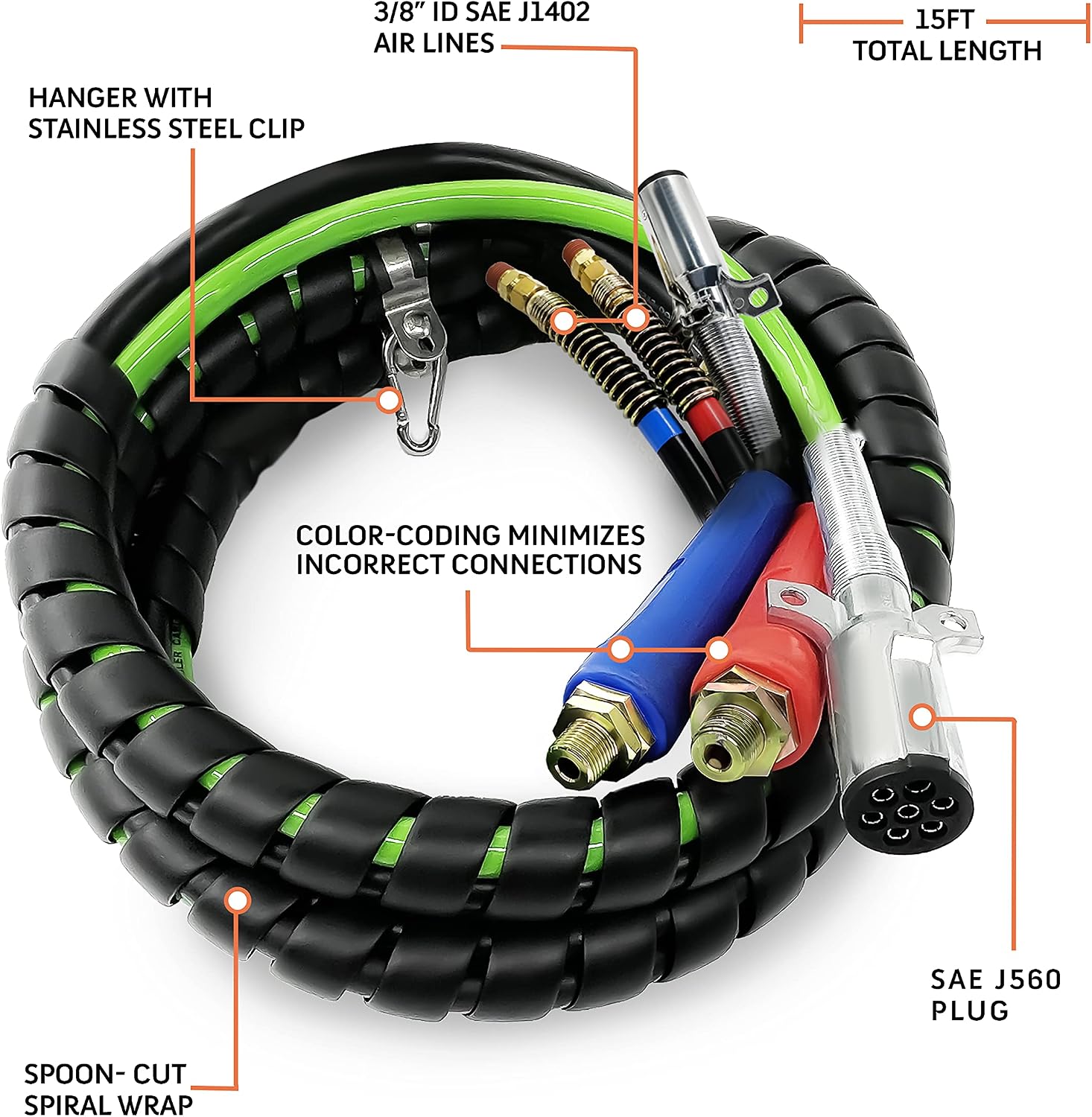 TORQUE 15ft 3 in 1 ABS & Power Air Line Hose Kit Airline Air Hose Wrap 7 Way Electrical Cable Air Lines with Handle Grip Airlines for Semi Truck Trailer Tractor (TR813215)