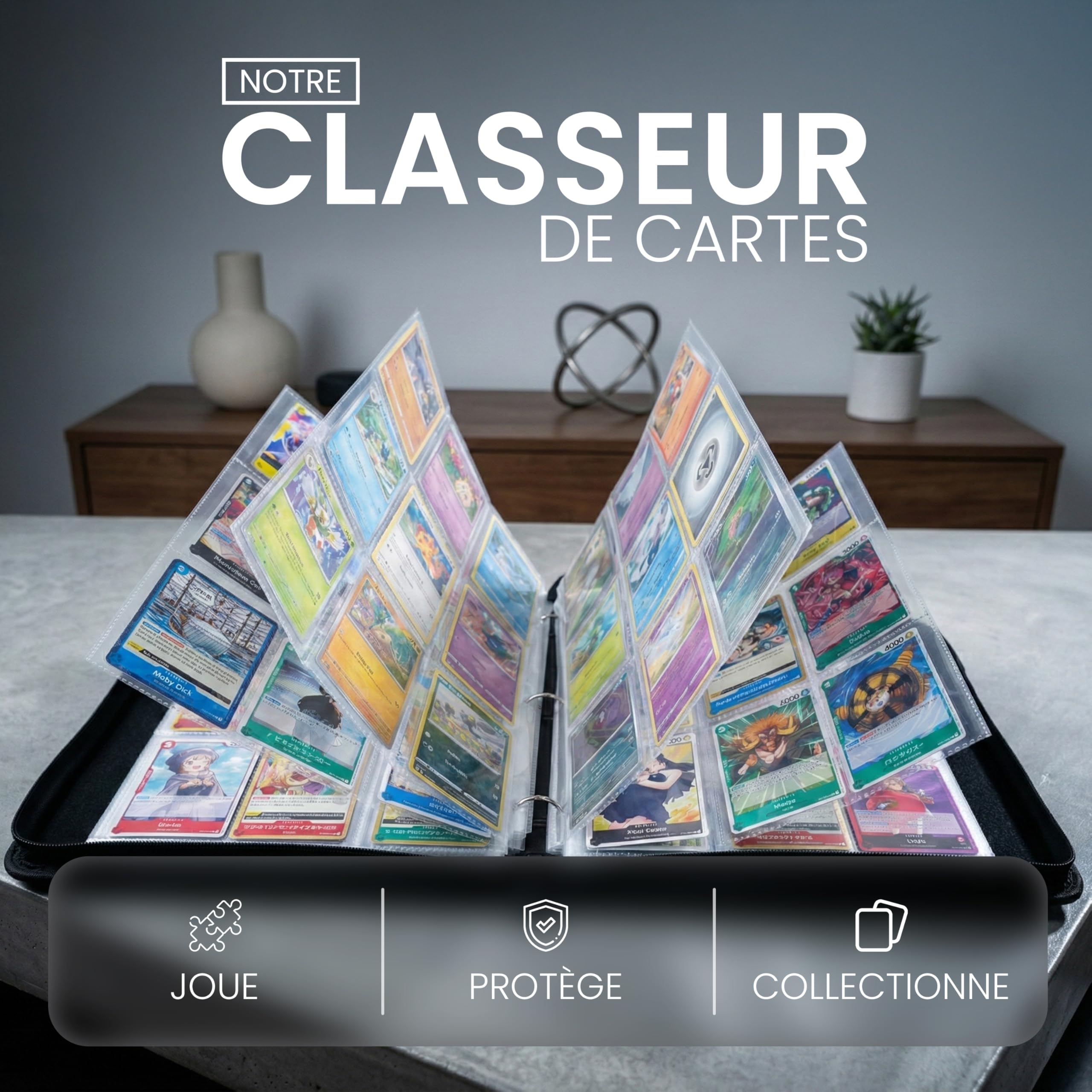 Classeur cartes Pokémon – Classeur Pokémon grand format, 9 poches par page, capacité jusqu’à 900 cartes, 50 feuilles, couverture en cuir imperméable