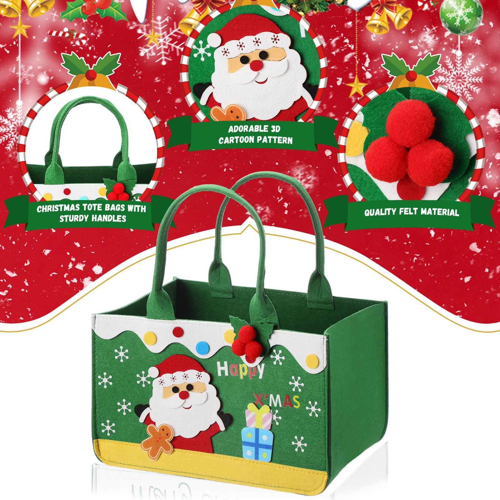 Aliceset Große Weihnachts-Geschenktüten aus Filz mit Griffen, 30 x 20 x 17 cm, wiederverwendbare Geschenkkörbe, leere Leckerli-Tüten, Weihnachts-Süßigkeitentüten für Weihnachten (Weihnachtsmann und