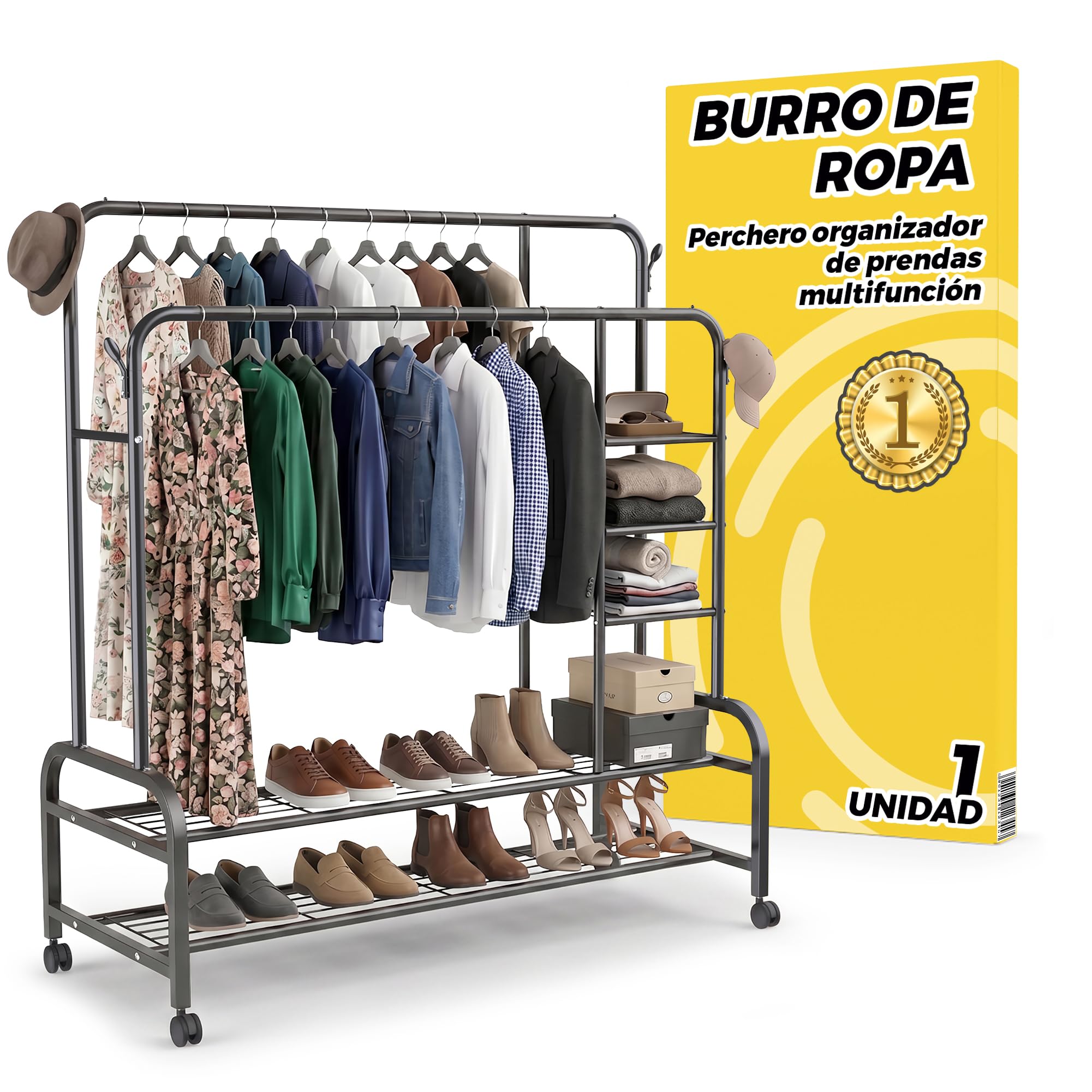 Burro de Ropa Resistente 150 cm con Doble Barra y Zapatero - Perchero de Pie con Ruedas 360 Armario Abierto Multifunción para Vestidor y Dormitorio Antideformación - Acero Negro