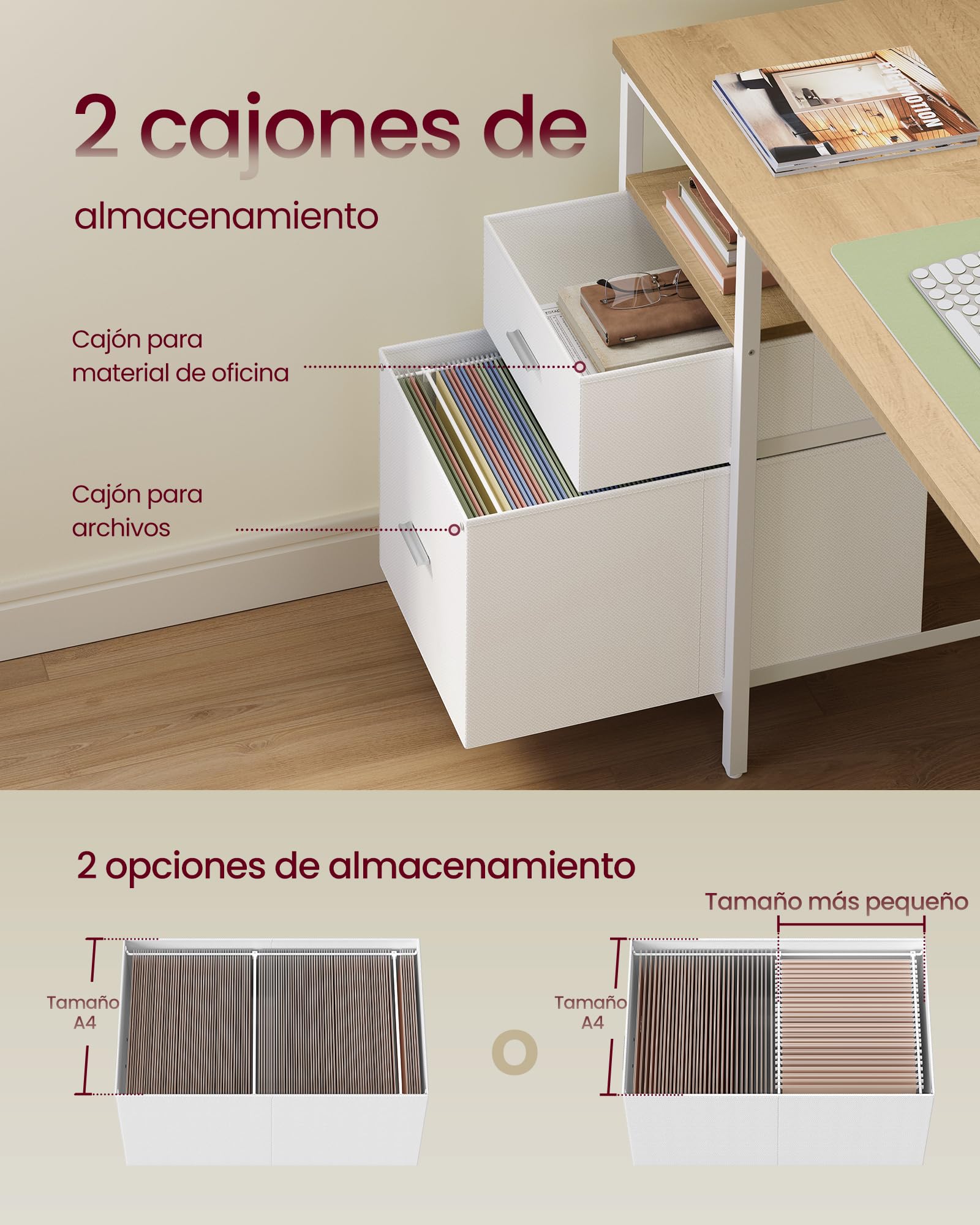 VASAGLE Mesa de Ordenador, Mesa de Oficina, con 3 Estantes, 2 Cajones, 160 x 60 x 76 cm, para Oficina, Salón, Estilo Moderno, Roble Natural y Blanco Nube LWD105YD01