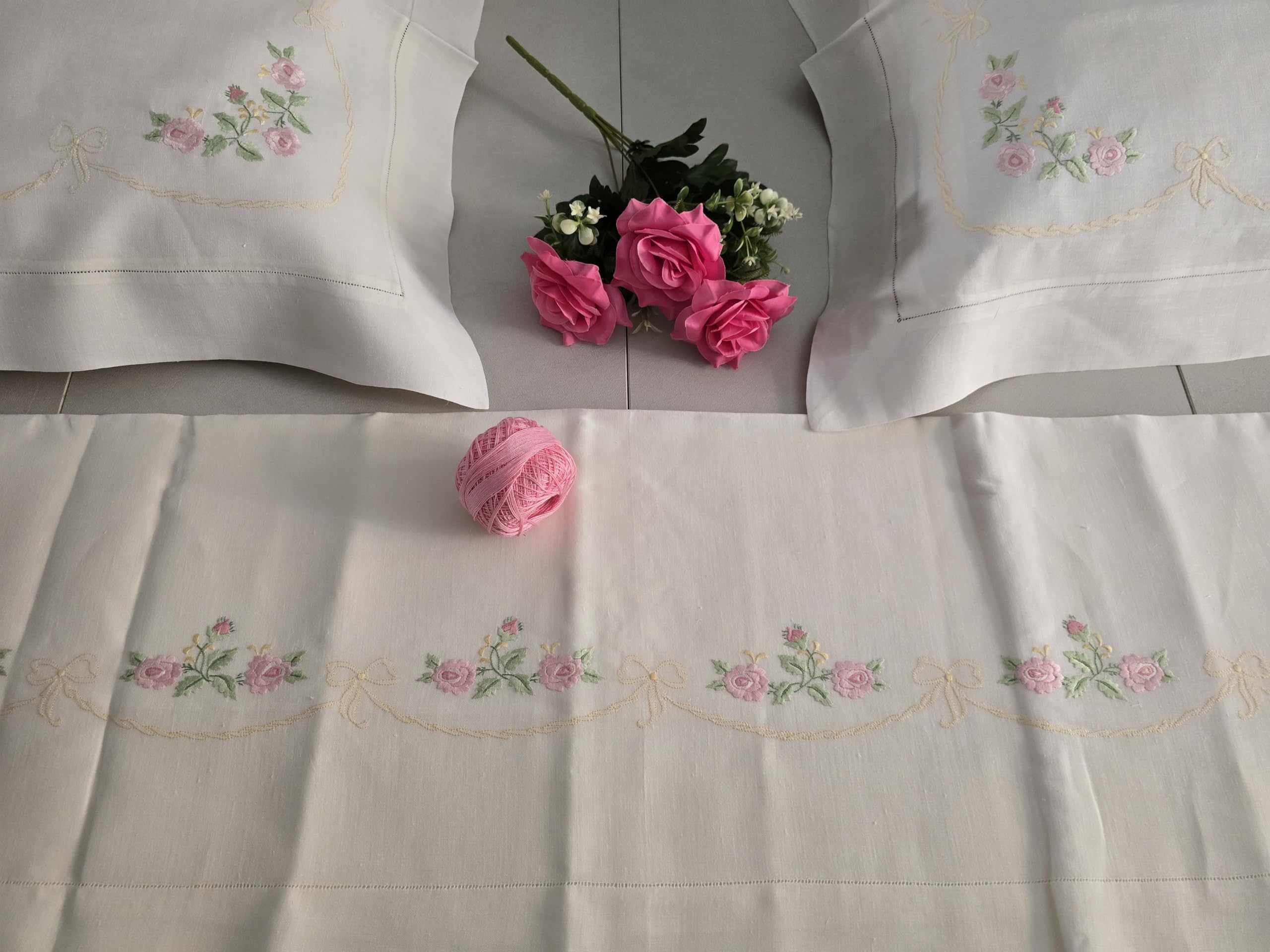 Lenzuolo ricamato a mano in puro lino ricamo punto pieno sheet linen