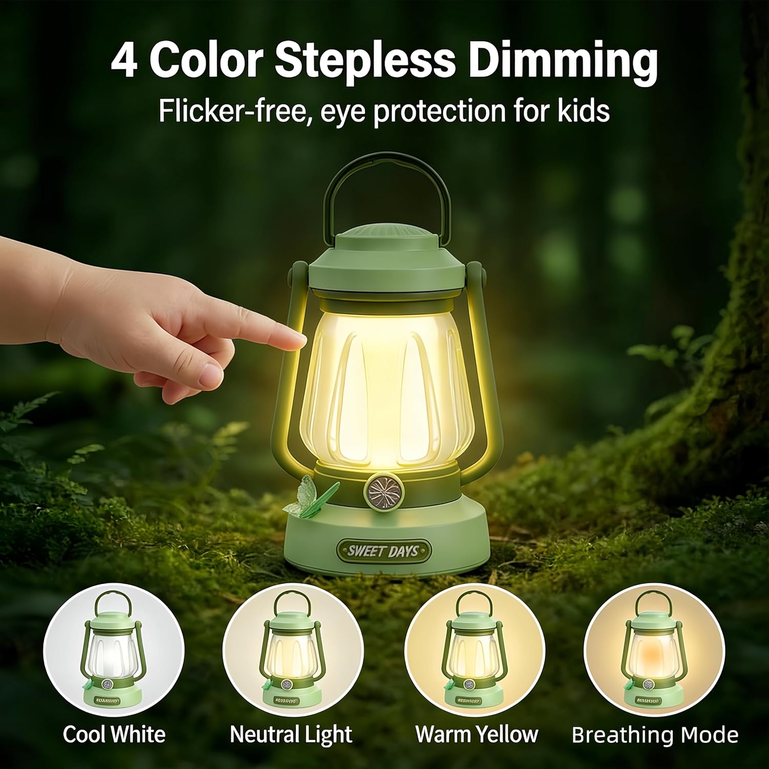 Kids Lantern with 4 Color Dimmable & USB-C Charging, Camping Lantern for Bedroom, Indoor Outdoor Adventures & Emergency Use Toddler Flashlight, Power Outages Camping Essentials for Kids (Green)