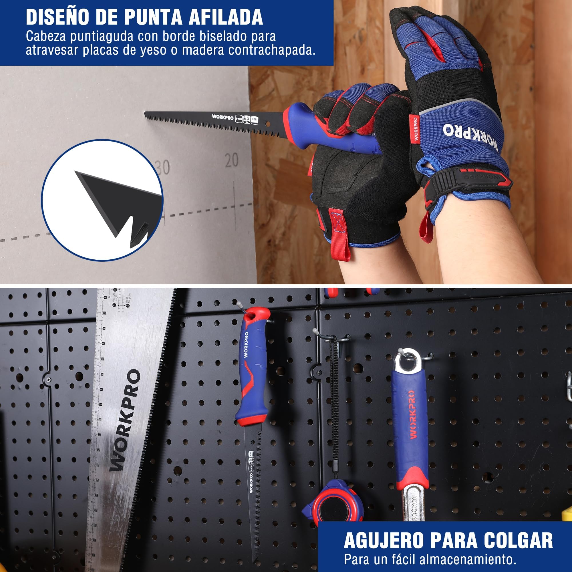 WORKPRO Sierra Bimetálica 310mm, Hoja D6A+M2 de 8 TPI, Agujero de Colgar, Ideal para Cortar Yeso, Madera y PVC, Paneles Finos