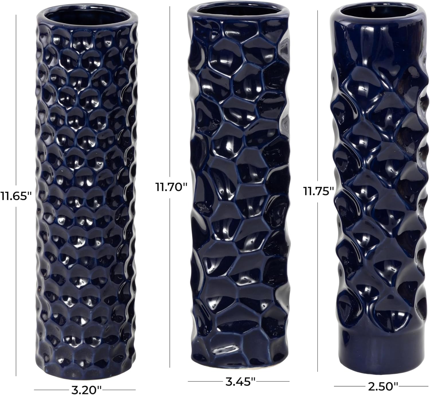 Deco 79 Ceramic Decorative Vase Centerpiece Vases with Varying Patterns, set of 3 Flower Vases for Home Decoration 3" x 3" x 12", Dark Blue