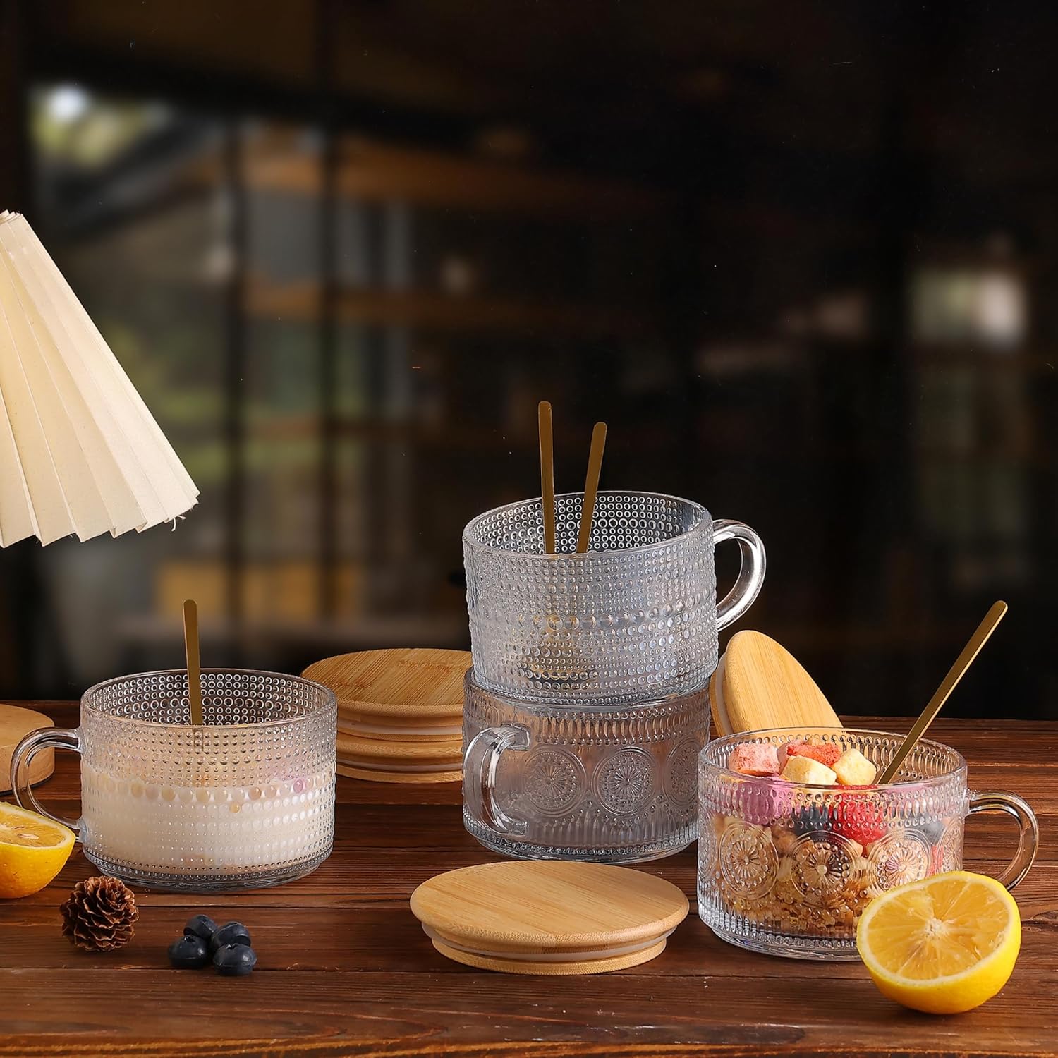 Vintage Glass Coffee Mugs Set of 6, Overnight Oats Cups with Spoons and Bamboo Lids, 14oz Clear Embossed Tea Cups Bamboo Tea Cups, Ideal Coffee Bar Accessories Hosewarming Gifts for Women - Image 2