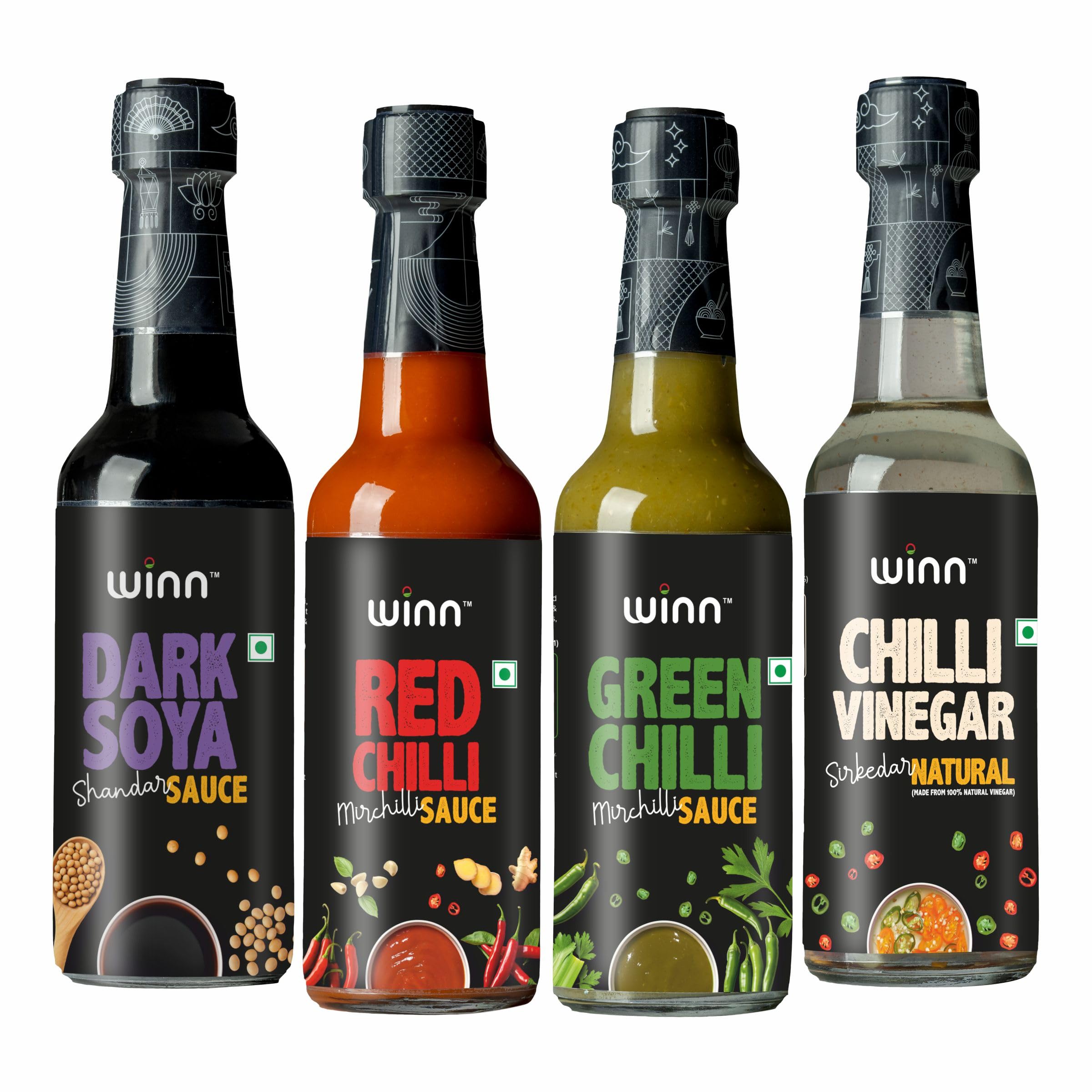 Winn Red Chilli 200G, Green Chilli 200G, Dark Soya 220G, Chilli Vinegar Combo sauces Pack 170Ml|4 Items Pack|Spicy, Tangy, Umami Flavours, No Artificial Colours/Flavours,620 Gram
