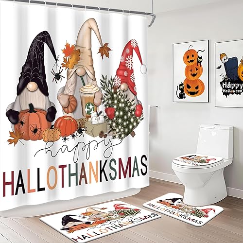 MEHOFOND Juego de 4 cortinas de ducha de gnomo de Halloween, con cortina de ducha, alfombras antideslizantes, cubierta de tapa de inodoro, tapete de