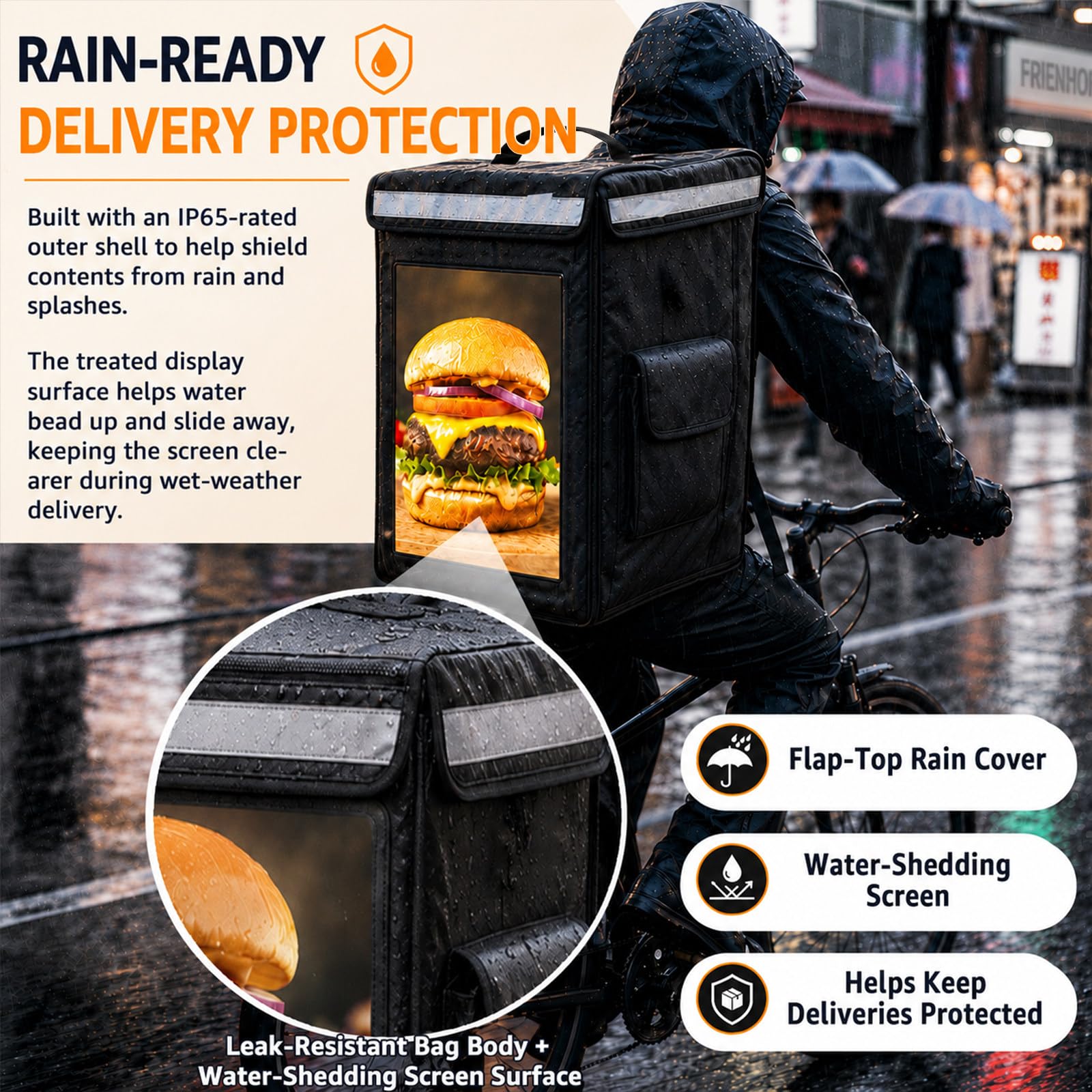 Mochila Térmica de Reparto con Pantalla, Tamaño de 43 × 36 × 51 cm | Resolución 1080P, Visión de 180° y Brillo Automático para Restaurantes, Campus y Zonas Peatonales Concurridas