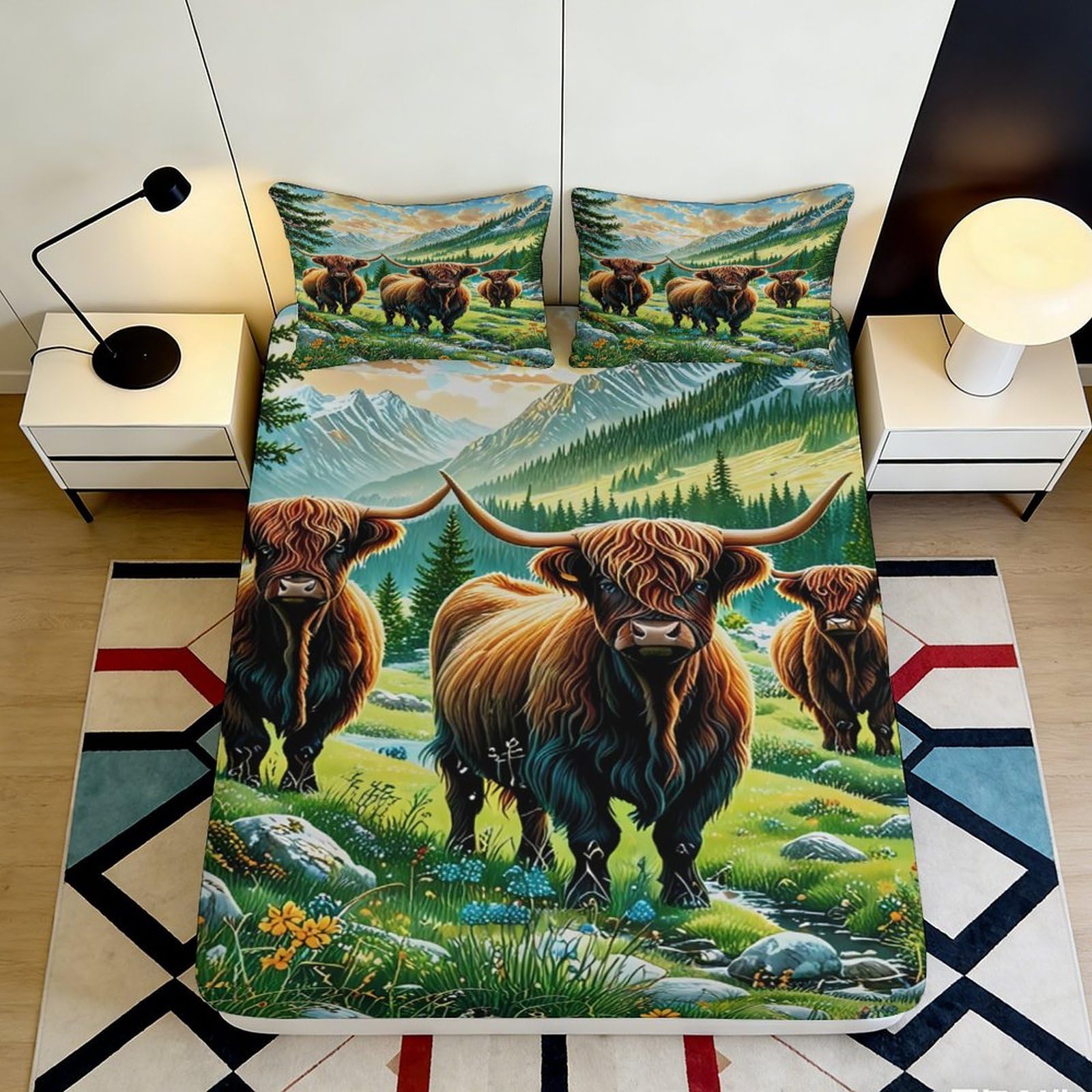 3D Printed Highland Cow Fitted Sheet Microfiber Soft Breathable Pastoral Landscape Mattress Cover for Bedroom Living Room 90x200x25cm