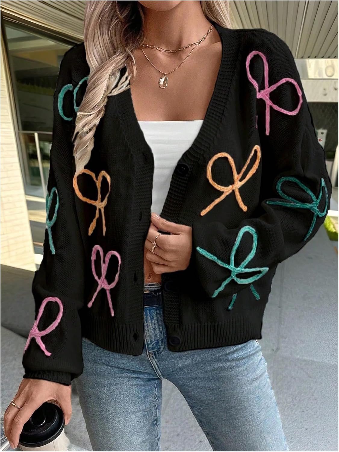 WDIRARA Women's Bow Cardigan Button Down V Neck Long Sleeve Drop Shoulder Knit Sweater - Image 6